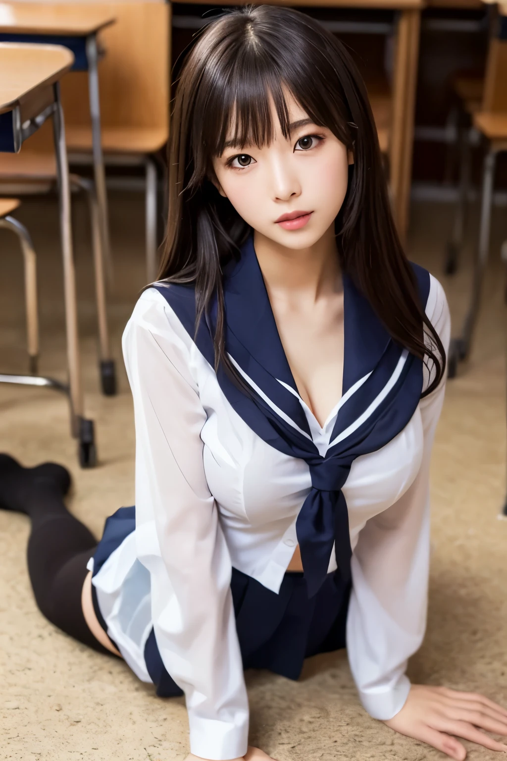 ((masterpiece, 8K, highest quality)), beautiful girl, (Sit with your knees hugged:1.3), (Sailor uniform:1.3), (Beautiful breasts), (Slender body line), (Small and slender figure), (Photorealistic:1.4), (Professional Lighting), (Accurate Shadows),