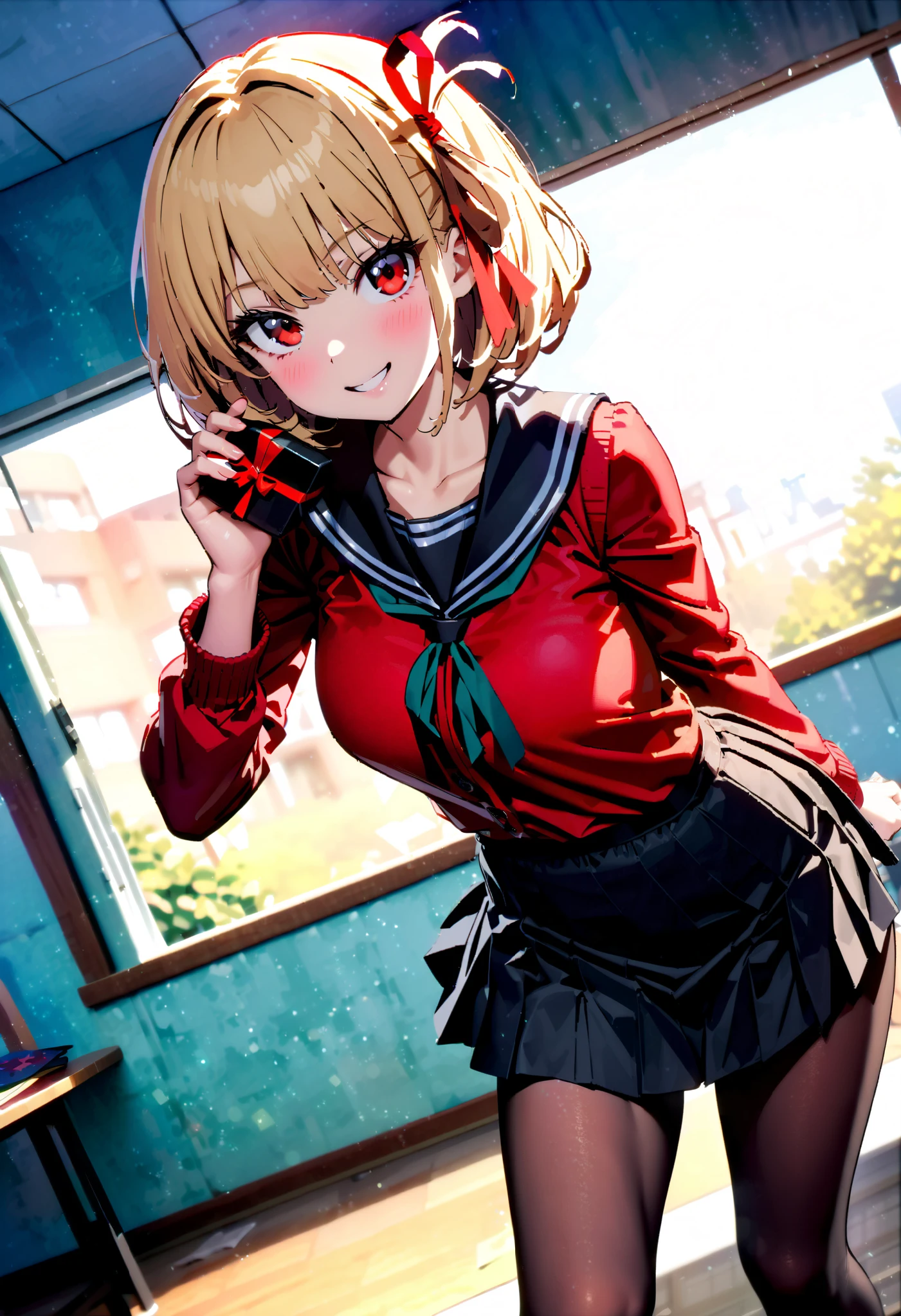 Nishiki Shiho , Nishiki Castle Senri, short hair , bangs,Blonde, red eyes, Hair Ribbon , One Side Up, bob cut,smile,blush, mouths,Black sailor suit, red cardigan , black mini pleated skirt ,rib tights , black pantyhose,Brown loafers,Give a heart-shaped gift, holding gift,evening,whole bodyがイラストに入るように,
break looking at viewer,whole body,
break indoors, classroom,
break (masterpiece:1.2), best quality, high resolution, unity 8k 壁紙 , (shape:0.8), ( Attention to Beautiful Details:1.6), very detailed face, perfect lighting, Highly Detailed CG, ( perfect hand, perfect anatomy),