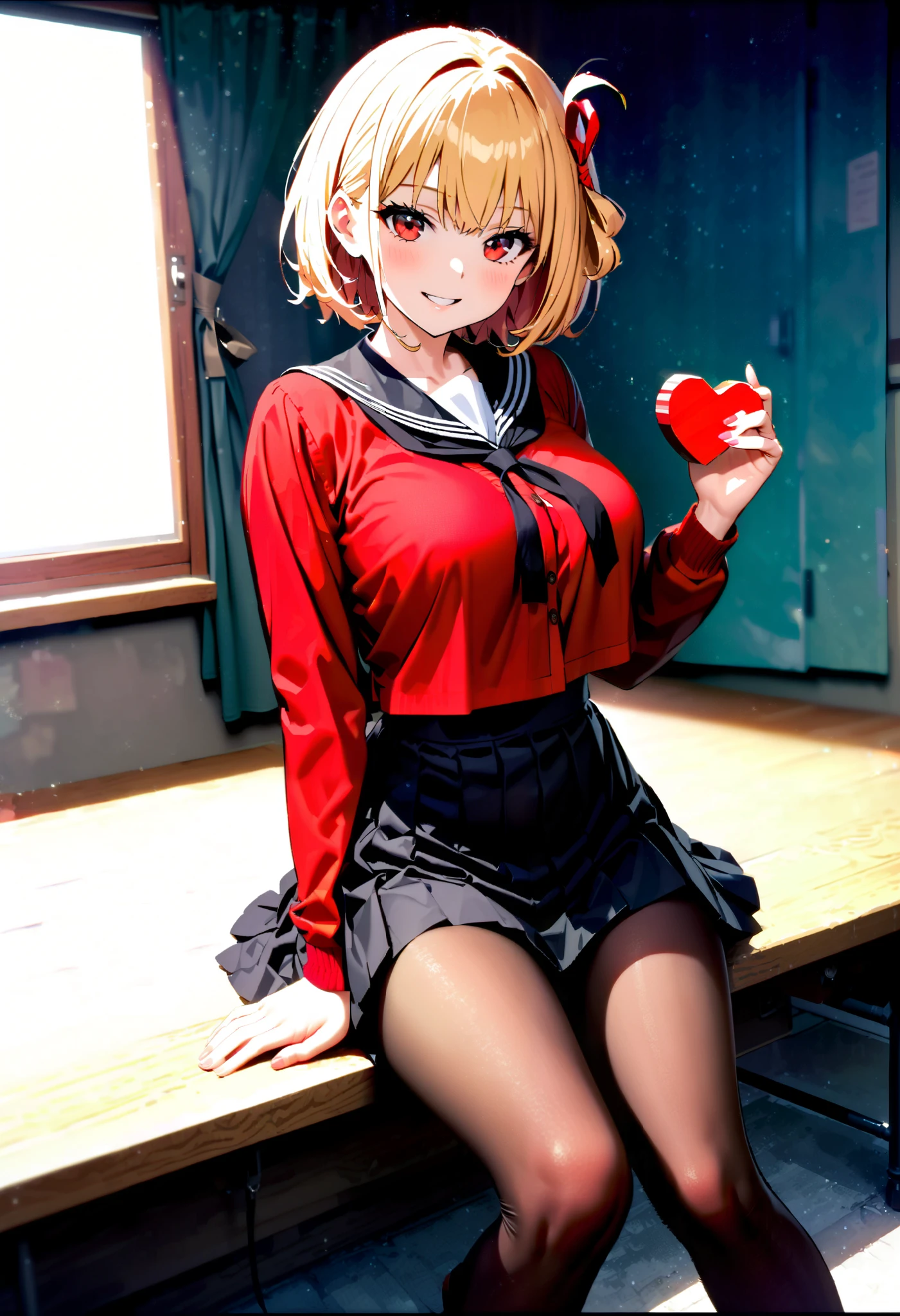 Nishiki Shiho , Nishiki Castle Senri, short hair , bangs,Blonde, red eyes, Hair Ribbon , One Side Up, bob cut,smile,blush, mouths,Black sailor suit, red cardigan , black mini pleated skirt ,rib tights , black pantyhose,Brown loafers,Give a heart-shaped gift, holding gift,evening,whole bodyがイラストに入るように,
break looking at viewer,whole body,
break indoors, classroom,
break (masterpiece:1.2), best quality, high resolution, unity 8k 壁紙 , (shape:0.8), ( Attention to Beautiful Details:1.6), very detailed face, perfect lighting, Highly Detailed CG, ( perfect hand, perfect anatomy),