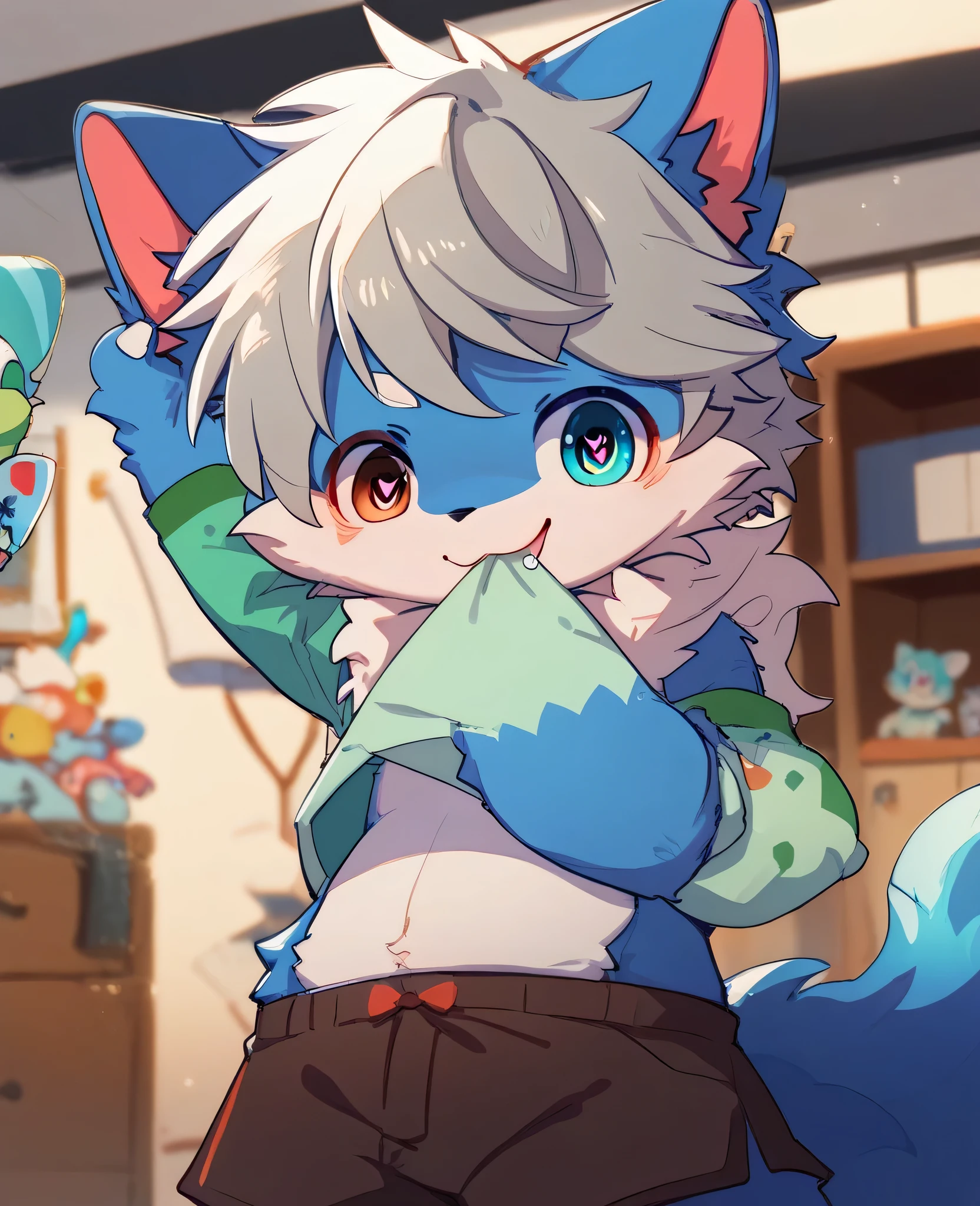 Bright eyes, character bust photo, Q version, avatar frame, character focus, solo, furry, furry male wolf, male blue fur, blue eyes, white hair (long) Shota style, little cute, will sell cute, wearing blue clothes and pants, has a tail