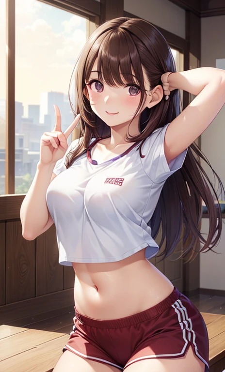 (((1girl))), ((best quality)), ((masterpiece)), ((ultra-detailed)), (illustration), (detailed light), (an extremely delicate and beautiful), (beautiful detailed eyes), (sunlight), ((extremely light)), 

((((white and deep navy gym uniform)))),
school girl,

wavy long, (((dark brown hair))),  (((long hair))),
(((deep orange eyes))), 

((whole body)), , 
diamond, beautiful, ((extra elegant)), (((condescending expression))), (sexually mischievous smile),  (((extra adorable))), (((extra slender shape))), 

squatting in the school gym, 

(((extraordinarily thin thighs)))