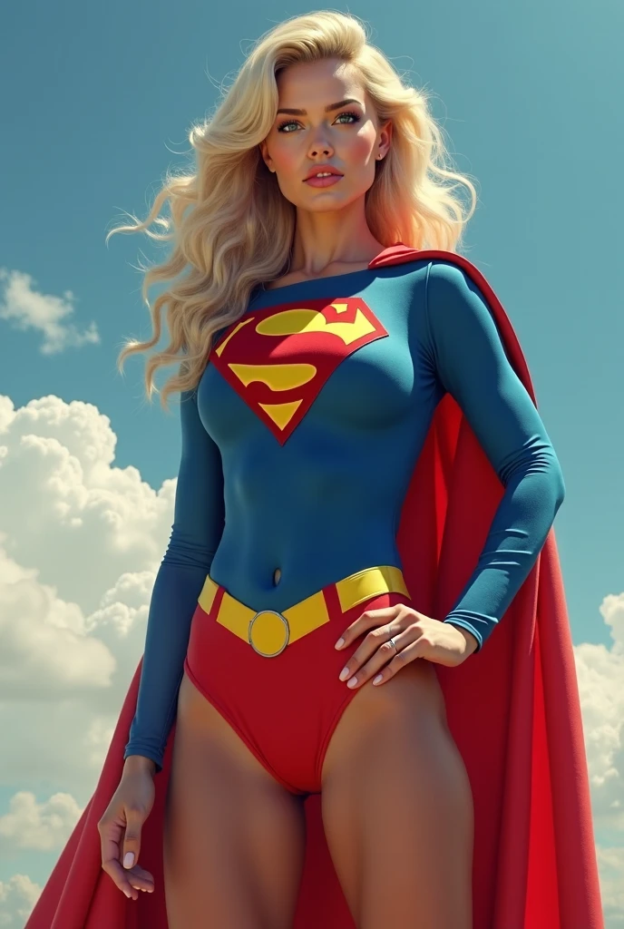 Create a realistic image of a blonde woman dressed as a superhero.whole body, She has wavy blonde hair,穿white leotard,The neckline is deep and wide, Gold high heels,Red cape, A gold belt,With a conspicuous buckle,Blue gloves. Background is a sky full of clouds,Woman is flying in the sky.(((Wet myself))), (((Wetting your pants))), (((My own fluids flow down my legs), Urine stains, (Puddle), Really long legs, Lipstick, Delicate face, Pretty Face, Blushed with shame, Insulted,