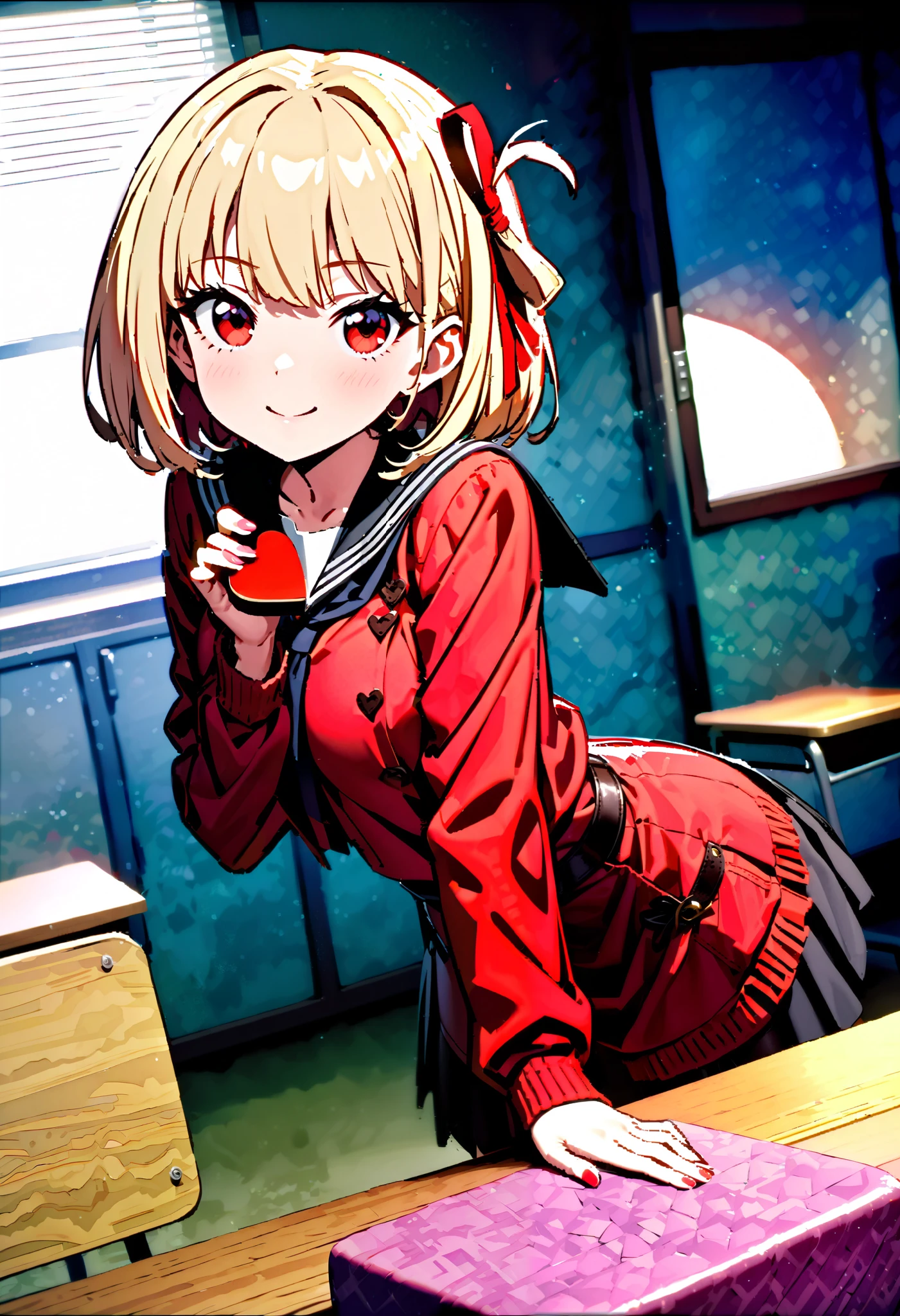 Nishiki Shiho , Nishiki Castle Senri, short hair , bangs,Blonde, red eyes, Hair Ribbon , One Side Up, bob cut,smile,blush, mouths,Black sailor suit, red cardigan , black mini pleated skirt ,rib tights , black pantyhose,Brown loafers,Give a heart-shaped gift, holding gift,evening,whole bodyがイラストに入るように,
break looking at viewer,whole body,
break indoors, classroom,
break (masterpiece:1.2), best quality, high resolution, unity 8k 壁紙 , (shape:0.8), ( Attention to Beautiful Details:1.6), very detailed face, perfect lighting, Highly Detailed CG, ( perfect hand, perfect anatomy),