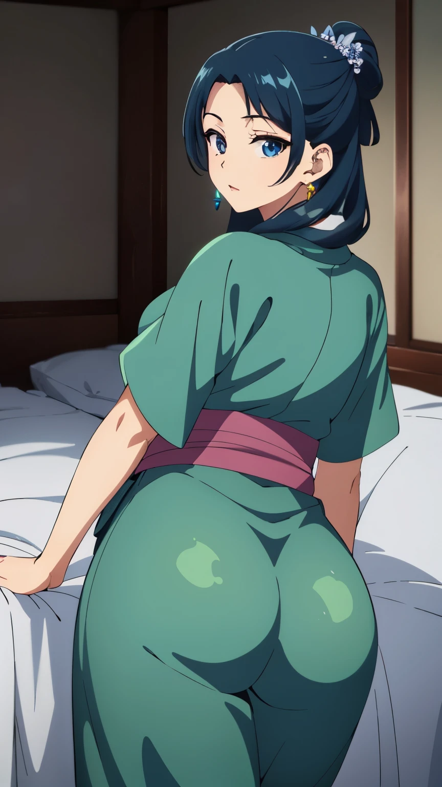 Top quality (8k, high resolution, masterpiece: 1.2), ((Goddess of beauty)), laying in bed, super detailed, anime art style, detailed clothing, dynamic angle, photo from behind, style, (tight yukata), Perfect ass, detailed white hair, detailed blue eyes, intricate hairstyle, long hair , slim body, sparkling eyes, youthful, hair accessories, earrings, tight cloths, detailed lighting, bright colors, looking at the viewer, in the center of the image, cowboy shot, ((FOCUS ON ASS)), fully covered by yukata, tight clothing