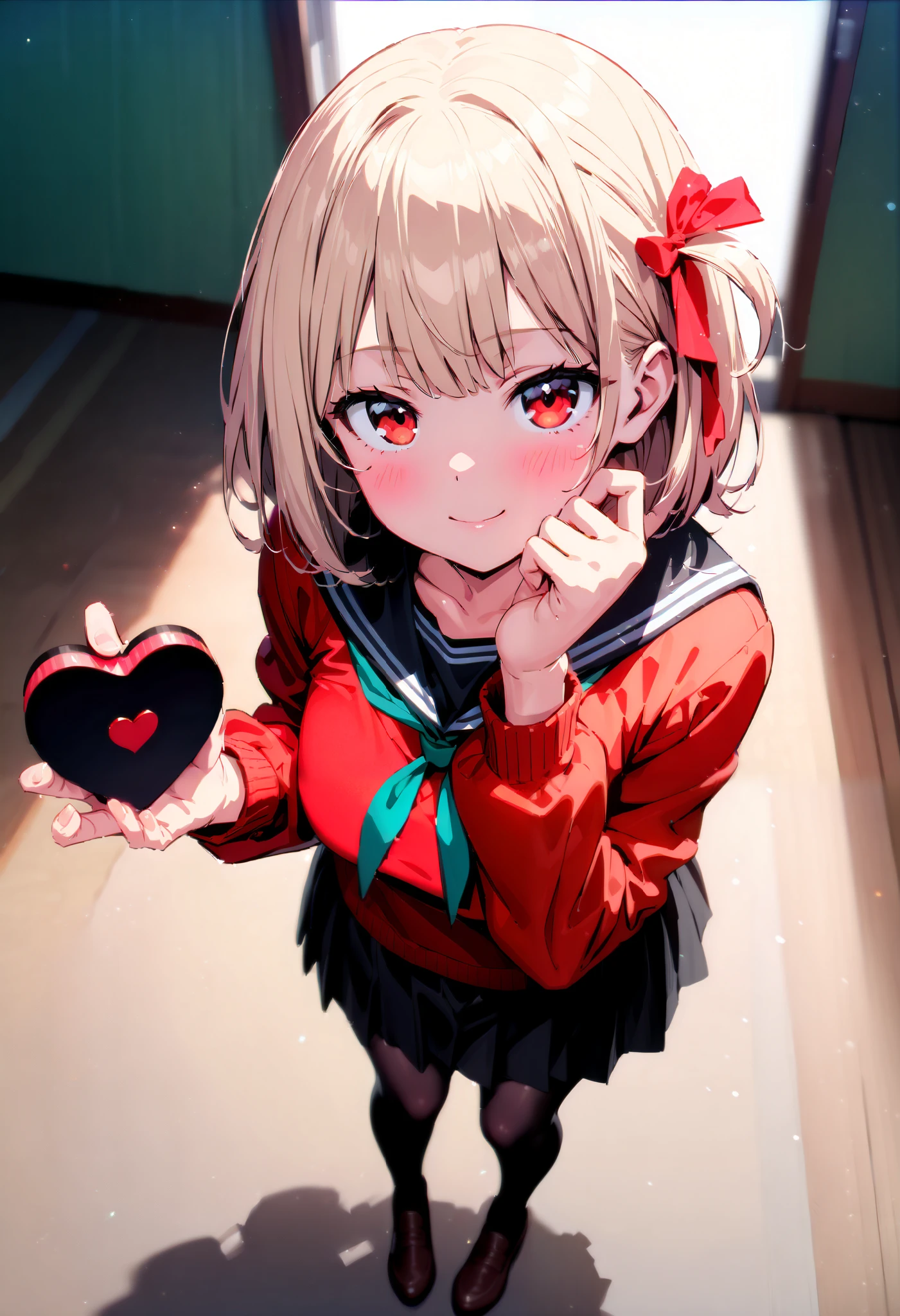 Nishiki Shiho , Nishiki Castle Senri, short hair , bangs,Blonde, red eyes, Hair Ribbon , One Side Up, bob cut,smile,blush, mouths,Black sailor suit, red cardigan , black mini pleated skirt ,rib tights , black pantyhose,Brown loafers,Give a heart-shaped gift, holding gift, angle from above,evening,whole bodyがイラストに入るように,
break looking at viewer,whole body,
break indoors, classroom,
break (masterpiece:1.2), best quality, high resolution, unity 8k 壁紙 , (shape:0.8), ( Attention to Beautiful Details:1.6), very detailed face, perfect lighting, Highly Detailed CG, ( perfect hand, perfect anatomy),