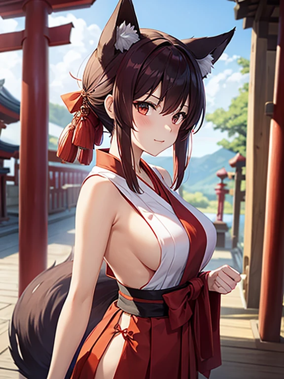 (((masterpiece, best quality))), (((superior quality))), cute girl, ((extremely detailed girl)), ((huge breasts)), fox ear, shrine maiden, (bare shoulders), strapless top