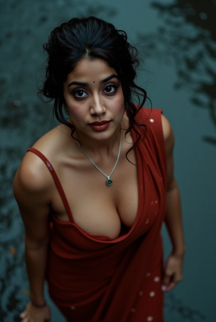A very close picture of Indian, winding, hourglass figure, massive Breasts swoop, no bra, visible nipples, bend down and hanging breasts, Shows deep cleavage, Kneeling in ceremonies, French braid hair, necklace, Sexy maroon saree and bra, Sultry, Alluring eyes, Look at the viewer and smile, (Cinematic:1.3), Complex details, (ArtStation:1.2