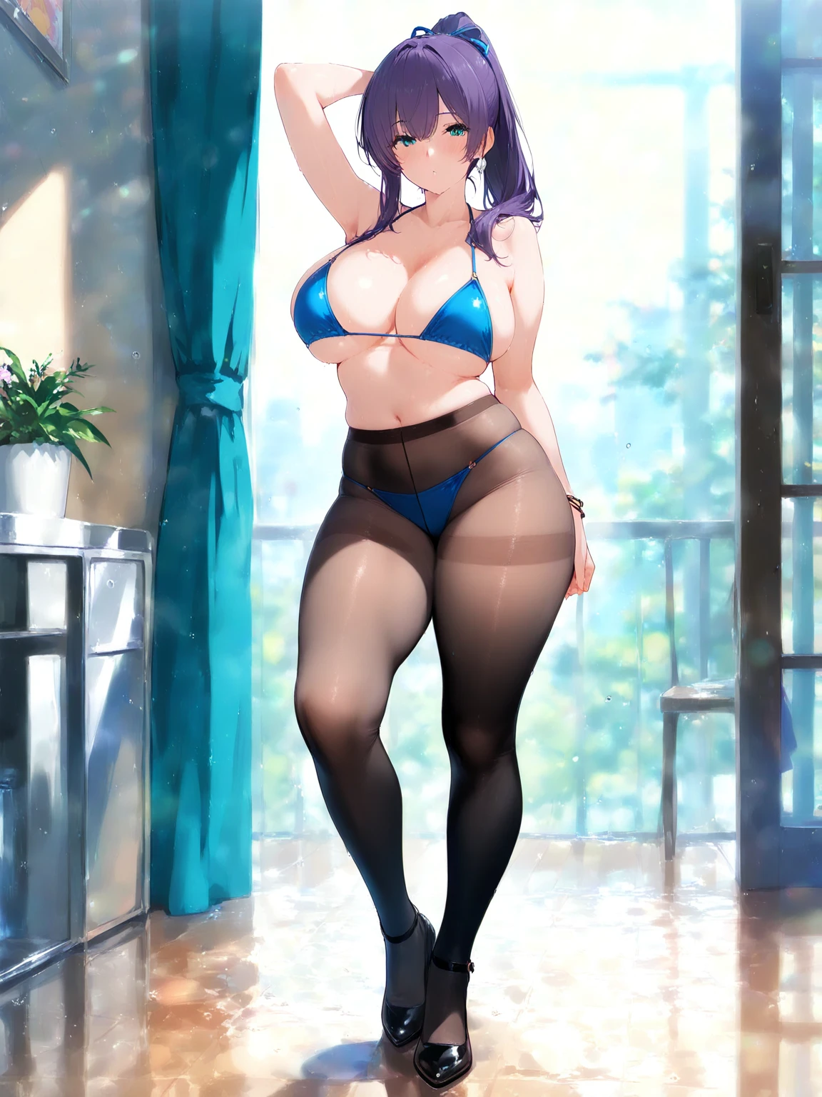 (full body), bottomheavy, huge ass, gigantic ass, thick thighs, massive thighs, hyper thighs, (extremely wide hips:1.4), solo, unohana, (background: ambient lighting, scenery, plant decor, backyard, dynamic blue sky, dynamic clouds), better quality, masterpiece, expressive eyes, perfect face