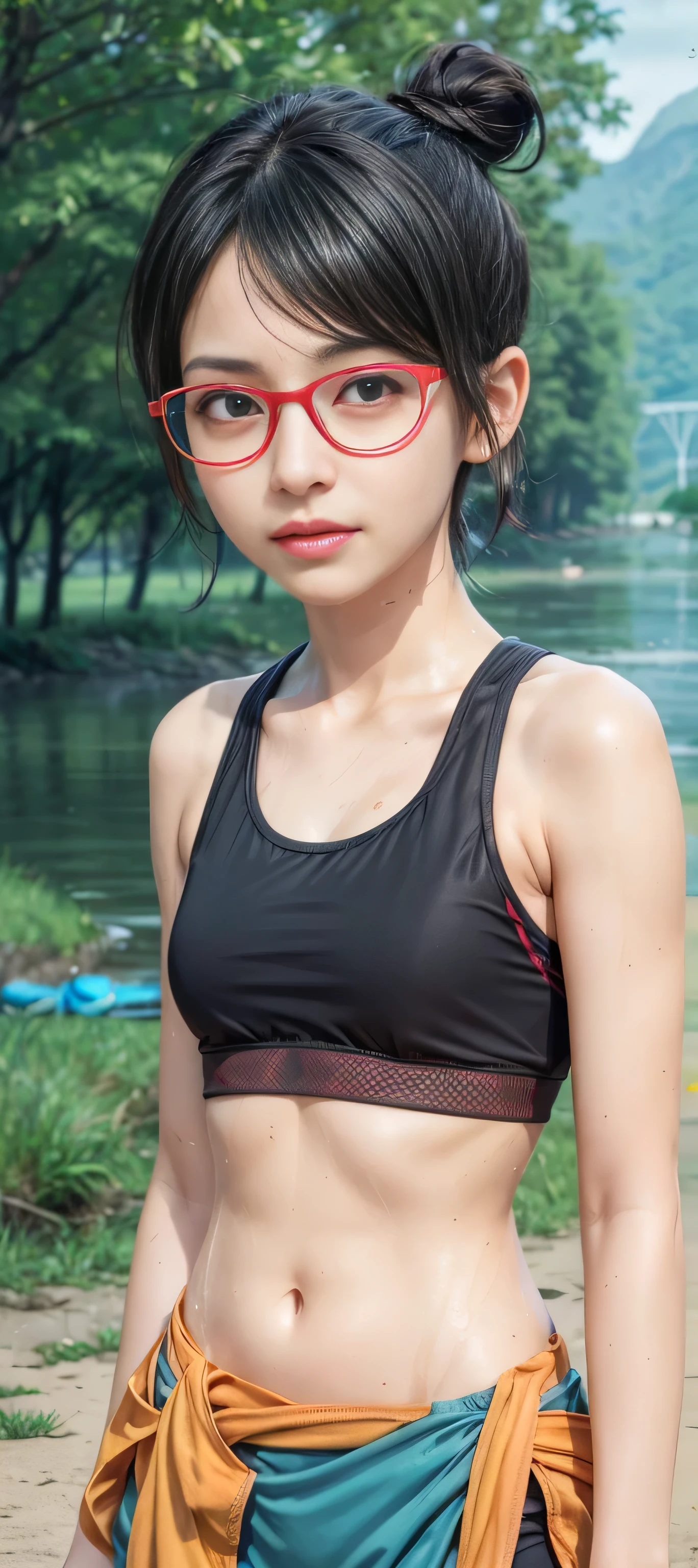 masterpiece, best quality, (realistic,photo-realistic:1.4), (RAW photo:1.2), extremely detailed CG unity 8k wallpaper, delicate and beautiful, amazing,finely detail, official art, absurdres, incredibly absurdres, huge filesize, ultra-detailed,extremely detailed eyes and face,light on face,(smirk),(wearing red framed glasses:1.4),sarada,(black hair:1.4),(short hair:1.4),(wearing sports bra:1.5),(river flood background:1.5),(hair bun:1.4),(jacket on waist:1.4),(sweating body:1.5)