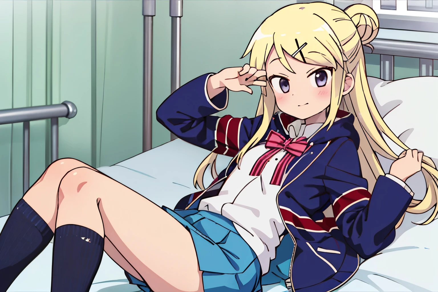 1GIRL SOLO KUJO KAREN UNION JACK JACKET is lying in a thick, unwell miniskirt bed, STRIPED BOW, WHITE SHIRT, LONG SLEEVES, PLEATED SKIRT, BLUE SKIRT, KNEEHIGHS Loss of Appetite 、nausea、 close-up shot 、 Zoom in on Karen's face, knees, and thick thighs