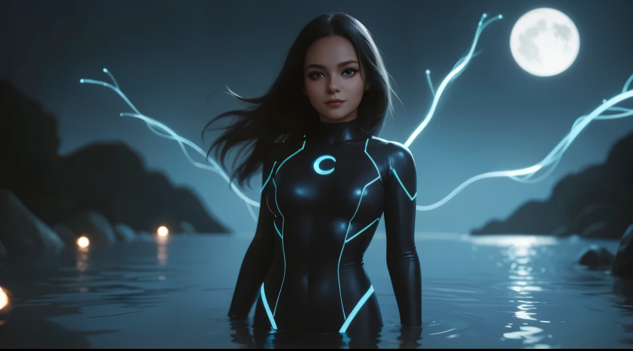 girl, (li), (cute:1.6), standing, half-submerged in the water, superhero bodysuit, blue and black theme, deep blue top, black botton, (white sleek dress details:0.8), beautiful (large breasts) shape, dark hair, long hair, looking at viewer, floating wires, glowing water surface, full moon,