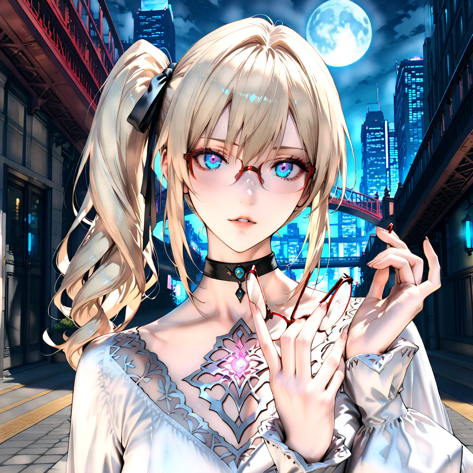 Looks about 20,(beautiful girl: 1.3),Highest quality,8k,Highly detailed CG unit wallpaper,masterpiece:1.2,top-quality,Ultra-high resolution,RAW Photos,real texture skin, photorealistic, Cinema Lighting,Huge buildings,metropolis,Big, round, beautifully shaped butt,),(Perfect hands, Perfect Anatomy), BREAK, (Medium Small breasts), Perfect Face, Symmetrical face, (glossy skin:1.6), beautiful shiny lips, solo, breack, ((Beautifully hand-drawn)), ((light Blonde)), ((white dress, long sleeves), ((Swaying side ponytail)), short wavy hair, hair ribbon, ((Blue Eyes)), ((Glowing_eye)), (((eyes open))), (((({red slim glasses})))), BREAK, midnight sky, BREAK, bayside, Alley, (((huge red bridge))), fullmoon, black choker, ((eyes focus)), (looking at viewer), upper body, front view, parted lips,