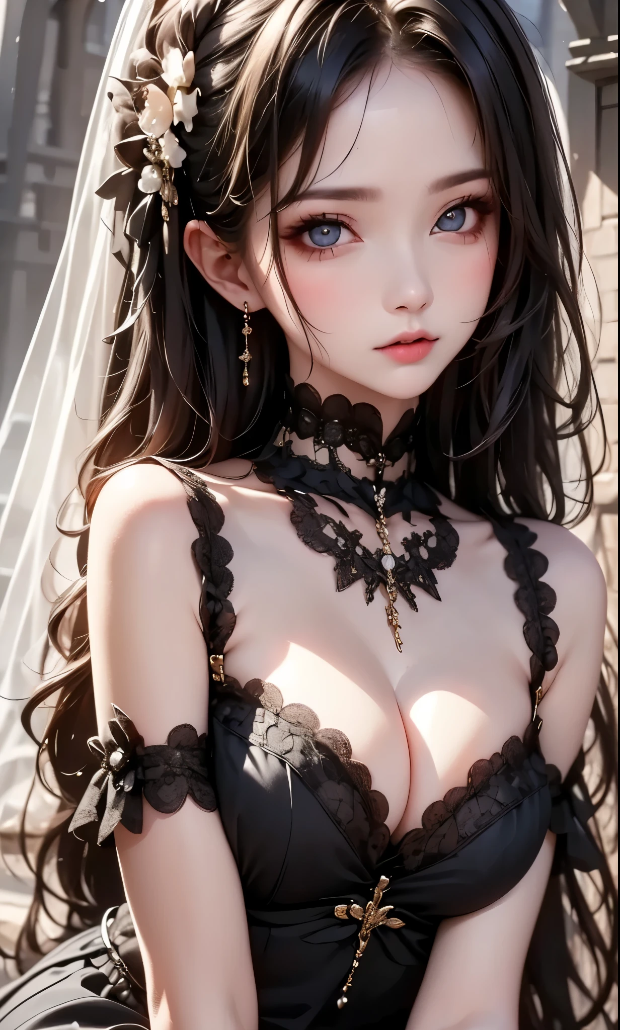 RAWphotograph, photograph, Realistic, 8K vivid photograph of a woman in nature, Super detailed, In detail, Dramatic Light, In detail beautiful eyes, Detailed skin, Depth of written boundary, Grey Eyes, ((black dress)), from side, cool girl face, beautiful eyes, face type, reika