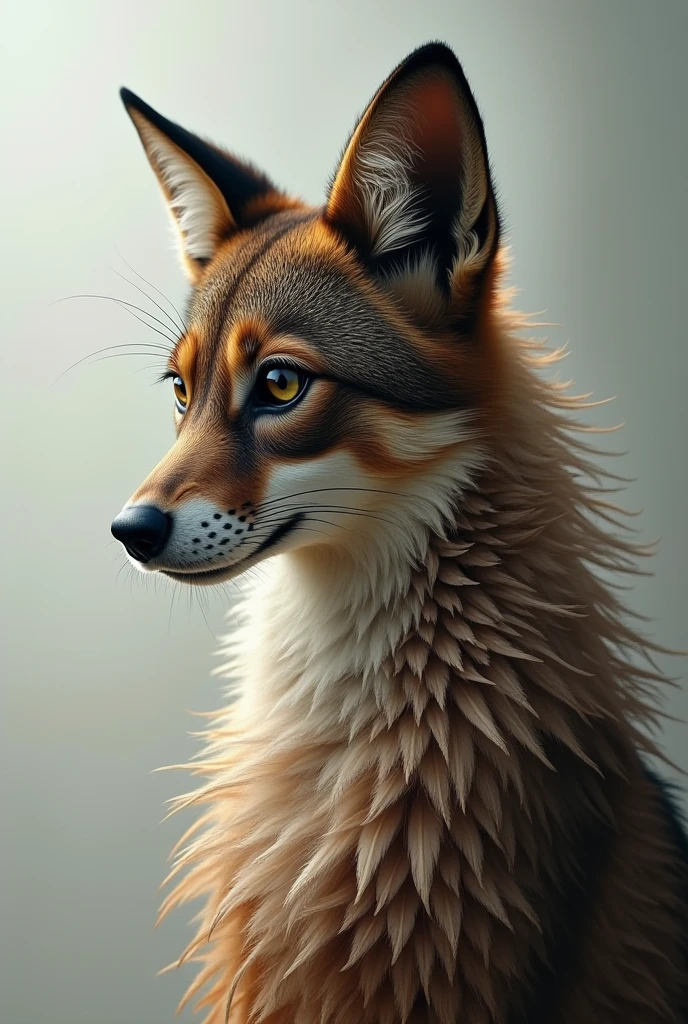 I want to hybrid this image like animal and girl and create a new creature like girl and animal feathers.the head like a animal and the body is like girl and girl dress also change into animal feathers.so create a prompt according this