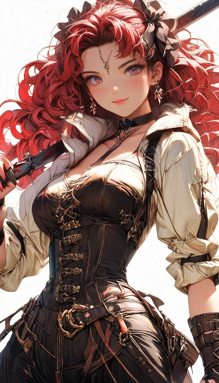 (masterpiece), best quality, expressive eyes, perfect face, (pirate ship background), (standing), (smirk), (closeup view), (1girl,freckled skin,glossy skin, red hair,green eyes, hourglass figure, thin body, skinny body, petite_body, medium breasts, thick thighs, long fingernails, hoop earrings, white front lace blouse, long sleeve, loose fit, black leather corset, brown leather shorts, brown boots, sheathed cutlass sword, flintlock pistol in holster, hoop earrings, miscellaneous jewelry) thong straps