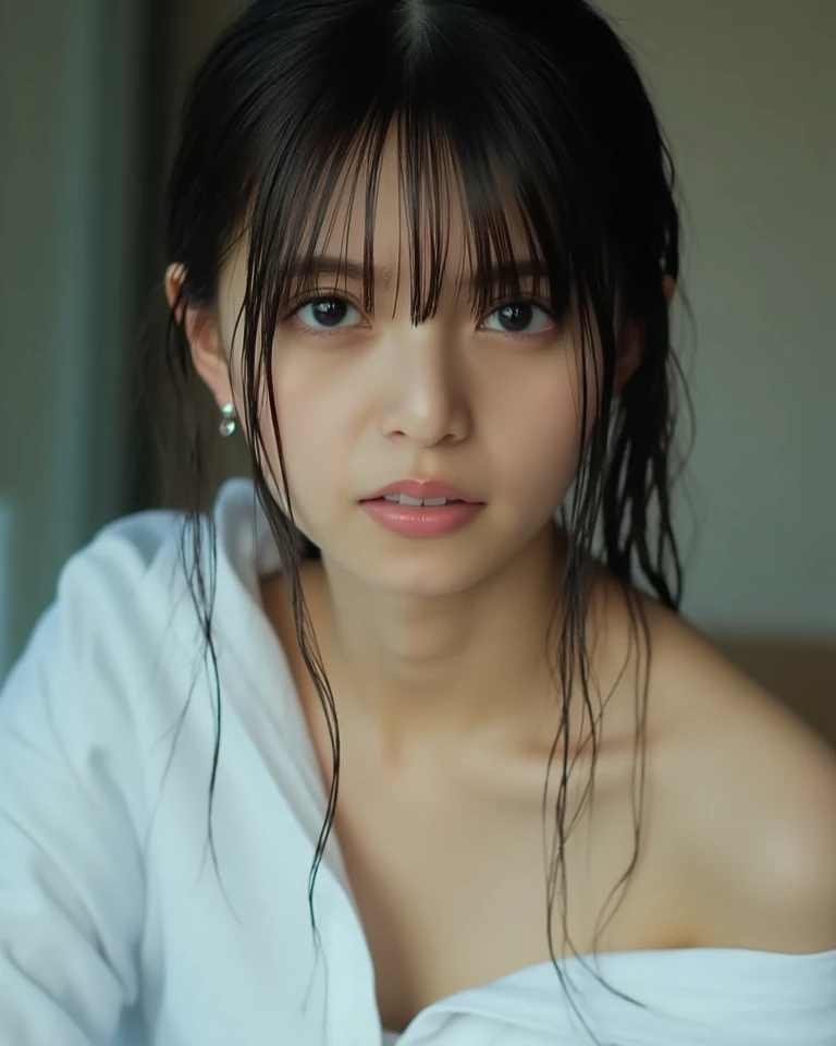 （Cinematic tones）（The film is in a cool gray tone）（Wet clothes：1.9）,（Get wet all over your body：1.9）,Top image quality, tmasterpiece, 超高分辨率, （Fidelity：1.4）, photore,deluge, stunningly beautiful woman, （Sorrow）, white  shirt, dim murky lights, shadowy, Desperate, Pity, Pathetic, Cinematic, Tears, tear drop, （ripped clothing：1.5）, （Wet clothes：1.4）, bare shoulders​, Real rain, wetting hair