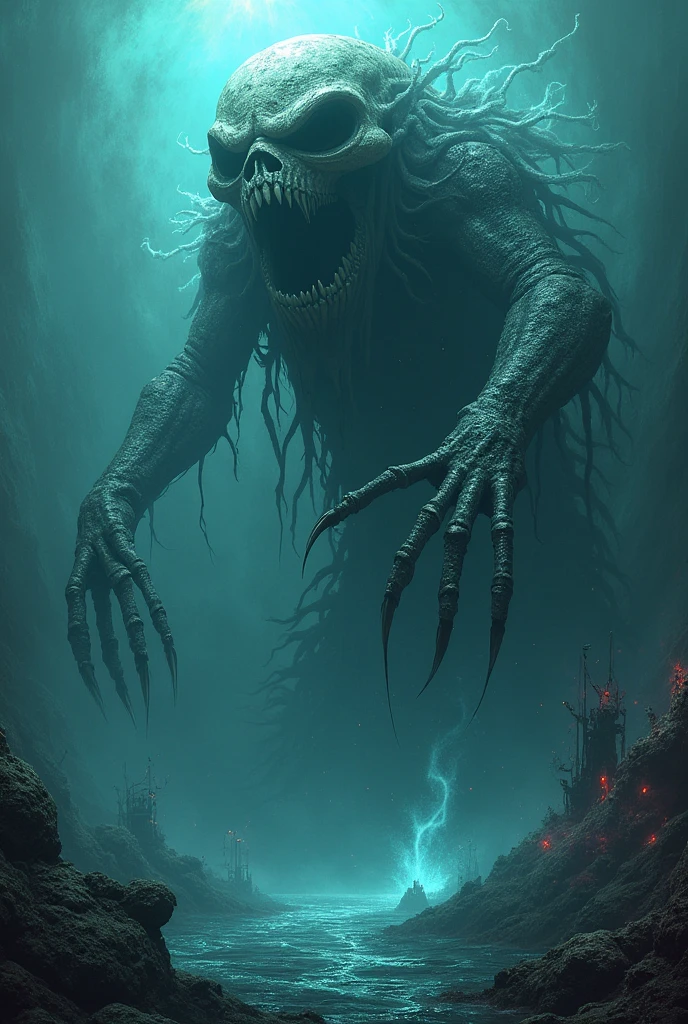 A dark and eerie drawing of a scene by the sea. The image features a wooden pier extending into the rough, dark waters with waves crashing violently. At the end of the pier, there is a monstrous creature with a skeletal, gaunt appearance, holding a broken umbrella. The creature has wild, flowing hair and a terrifying grin with empty eyes. Next to the creature, a small  sits calmly, looking out at the sea. The overall atmosphere of the drawing is haunting and surreal, with fine details and a dark, moody color palette (FONDO BLANCO