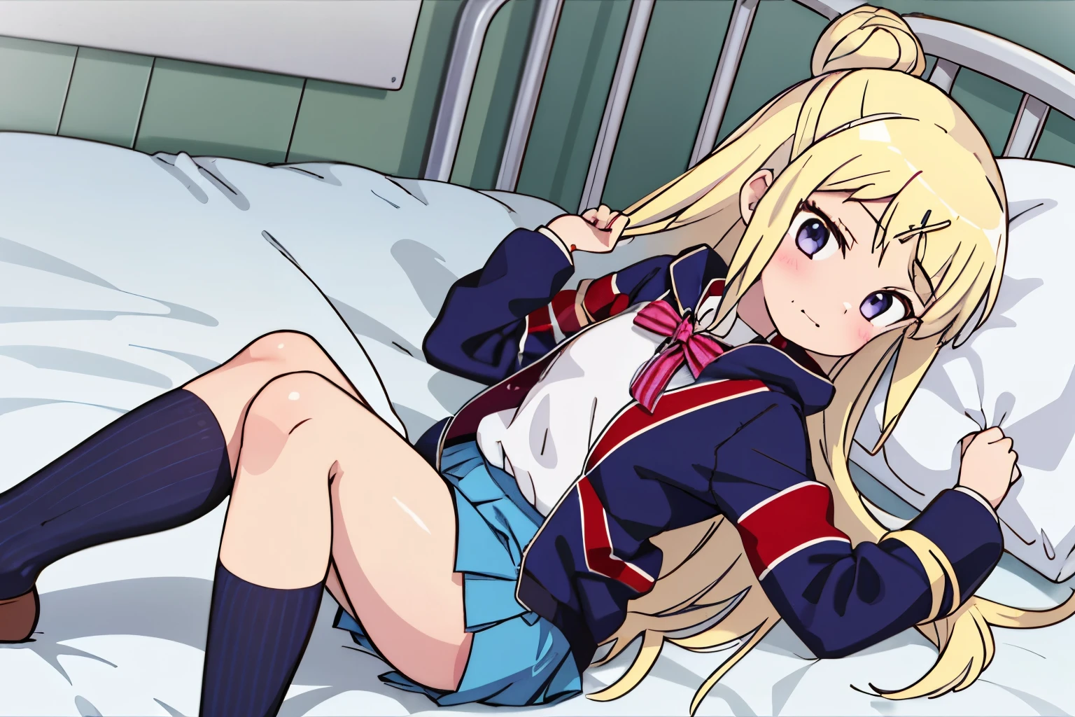 1GIRL SOLO KUJO KAREN UNION JACK JACKET is lying in a thick, unwell miniskirt bed, STRIPED BOW, WHITE SHIRT, LONG SLEEVES, PLEATED SKIRT, BLUE SKIRT, KNEEHIGHS Loss of Appetite 、nausea、 close-up shot 、 Zoom in on Karen's face, knees, and thick thighs