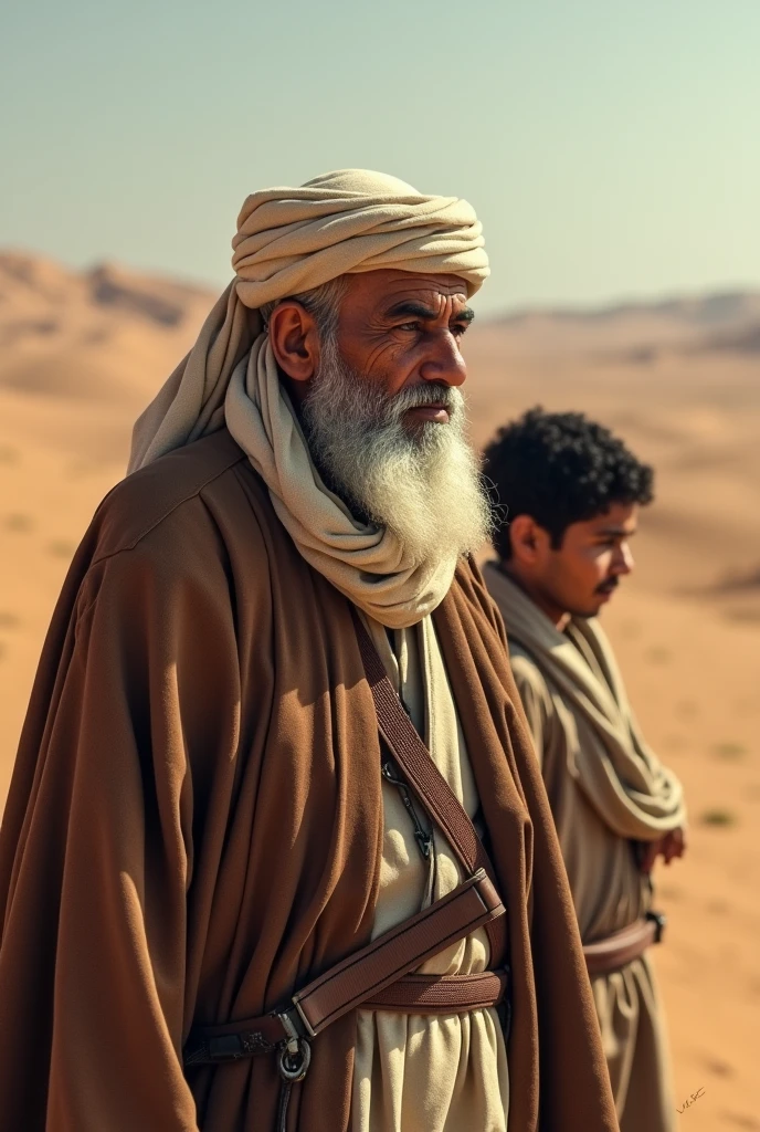 Man with long beard and white beard standing in desert area, Lead the clan, Israelenses vestidos em 36864K filmes, next to an Israeli woman holding a newborn boy in her arms, both of them with advanced age, peles claras, Ainda do filme live action, cenas de filmes live-action, 16384k filme, still image from tv series, cinematic Film still from, film still image, portrait of bedouin d&d, cena maravilhosa