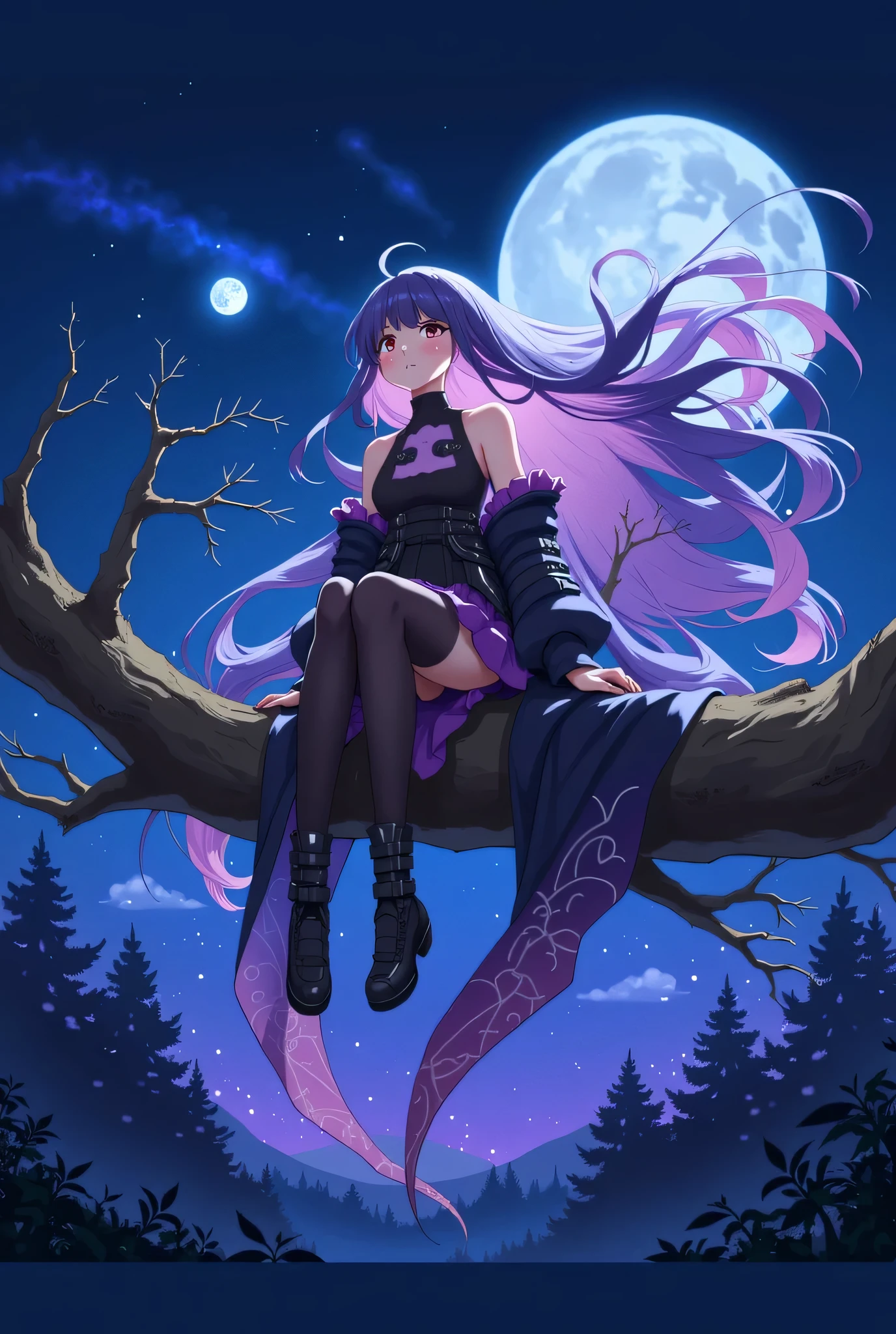Anime girl sitting on a tree branch with a full moon in the background ...