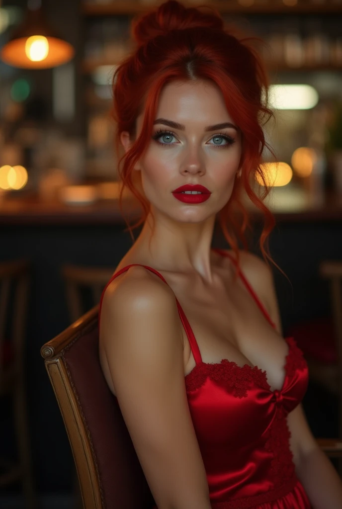 Portrait photo of LenkaRegalova beautiful woman, rotes Haar, Haarknoten, Nachtclub sitzt an der Bar (Meisterwerk) (best quality) (Detailliert) (8K) (HDR) (Tapete) (Filmische Beleuchtung) (Scharfer Fokus) (kompliziert) super seductive