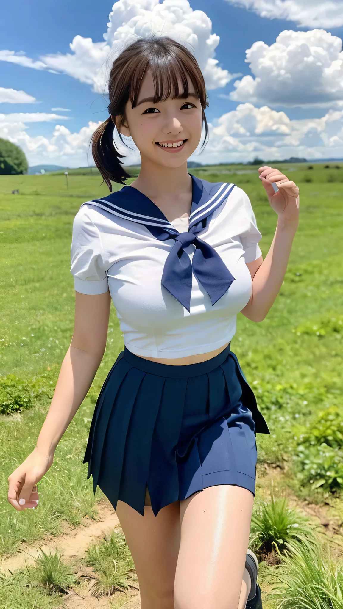 ((NSFW)),(8k、RAW Photos、highest quality、masterpiece:1.2)、(Realistic、Photorealistic)、19 years old、1 girl、From the corner of your eye１Tsu Mole、((Short sleeve white shirt、Sailor suit、Red tie、Above-the-knee navy pleated skirt))、（high school girl）、Navel comes out、((The underboob is visible))、Roll up your skirt、Gal、Lots of eyelashes、Eyelid wrinkles、Dark red knee-high socks、skeletally correct、Wavy short bob hair、Cute Smile、Sweaty body、Attractive body、Beautiful perfect body、V-line emphasis、Place your hands behind your head、Beautifully trimmed fingertips、((View from below)),