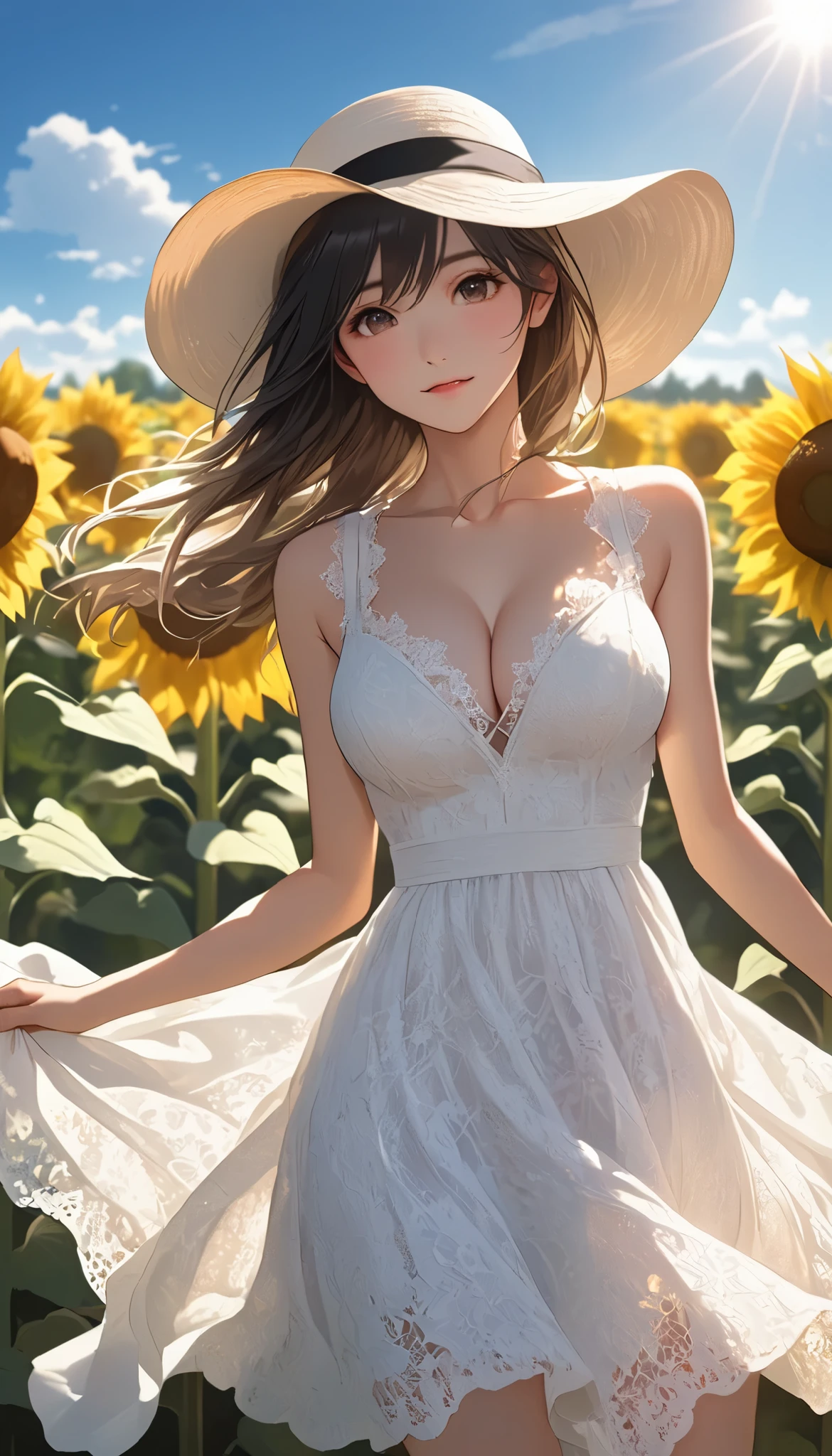 fuwa aika, 1 girl in the best,Alone, deep cleavage , (White lace dress:1.2), Relaxed Dress (hat:1.2), Sunflower field, in the sun , A faint smile, watch viewers, wind, dynamic, Strong light and shadow,dynamic pose,