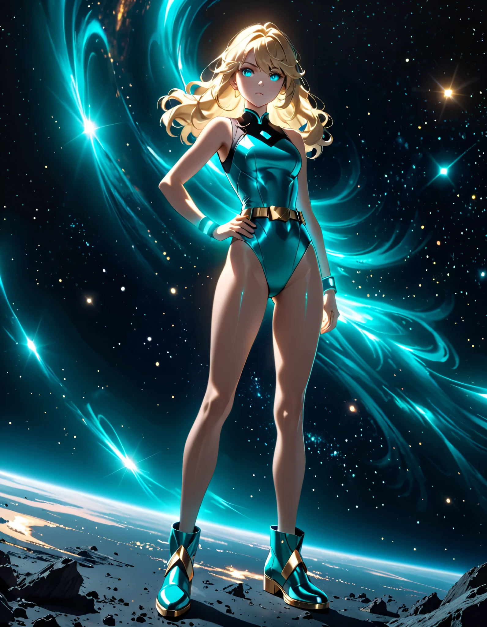 best quality, masterpiece, highres, solo, solo focus, 1lady, semi-realistic, floating, legs straight, standing, blonde hair, blue eyes, beautiful detailed eyes, beautiful detailed face, (perfect hands), sexy us military officer, dressed in a green and white leotard, outer space backdrop, neon edge lighting, highly detailed, professional, bare legs, matching boots, ankle-high boots, full body shot, medium hair, hair down, crossed arms, (spins fast) in place like a (tornado), (spins) into a (cyclone). (dynamic spinning pose), spiral lines, diffraction spikes, light particles, spinning energy pulse.