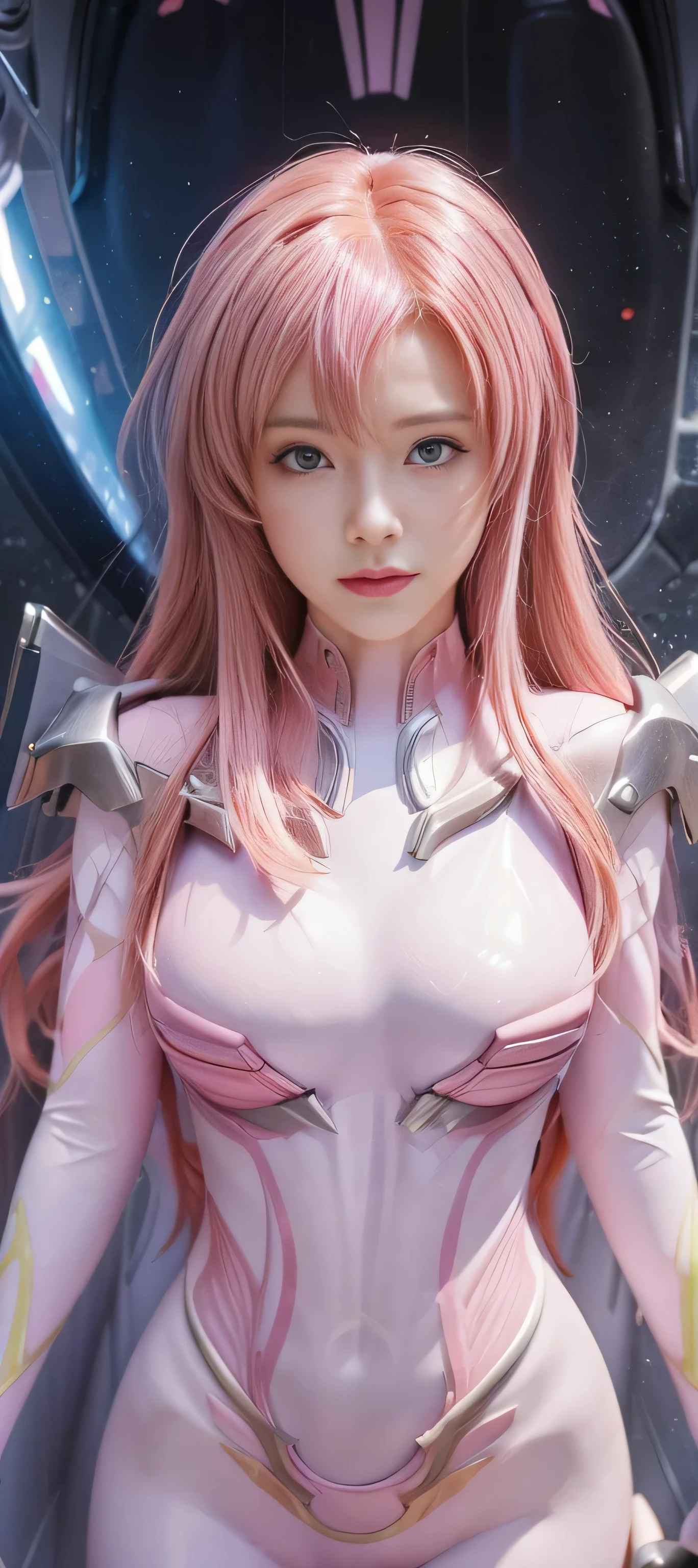 Masterpiece, best quality, Highly detailed face, highly detailed background, perfect light, Japanese, very long hair, pink hair, tight outfits, tight armor. White dress with pink pattern, cyber suit, lightning all around, white stockings, pink shoes, cat ears, , flat chest, legs raised, legs spread, white gloves, fists clenched.