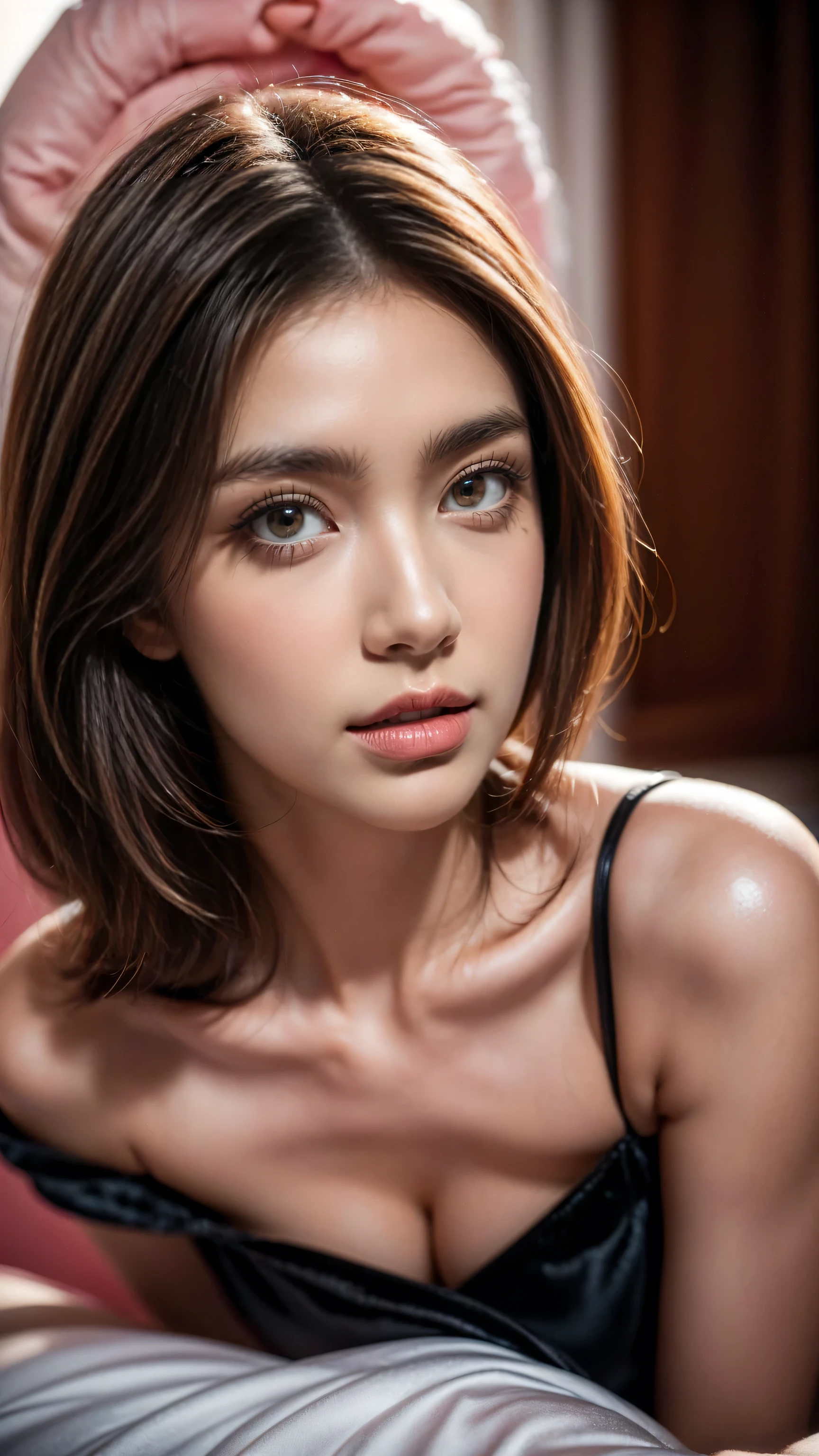 Realistic (photorealistic Realism), (high resolution), ((intricately detailed digital art)), professional photography, (portrait) a cute 1 Female, European, (ultra realistic texture details: velvety skin, hair),((sharp focus, no blurr eyes, high resolution, absurd quality, Realistic brown_eyes:1.4),intricately detail:1.35),((extremely fine details eyes))((extra narrow eyebrows))(Carefully draw Long blue_eyelashes:1.2)(perfect round eyes:1.3).((finely detailed pupils:1.3))((extremely fine details pupils:1.3))((extremely fine details iris of the eyes:1.35))(Shining, mesmerizing, Vibrant eyes:1.22).(professional makeup:1.4)((perfect dark_eyeshadows:1.4)),detailed lips:1.3,(apply glossy red_lipstick:1.3)(pink_makeup:1.28), (beautiful little nose), (perfect proportions:1.2),(small head),(anatomically correct), perfect female body, Wear an off-the-shoulder, full bodyesbian, Old luxurios villa with a beautful oasen view, detailed lips:1.3, (apply glossy red_lipstick:1.35), (pink_makeup:1.3), (professional makeup:1.4), (perfect proportions:1.2),(anatomically correct), perfect female body, (Super beautiful), (vivid and colorful), The attention to detail, focus of girl, dynamic pose, sexy and seductive, flirty smile, (perfect composition), ((full body shot))