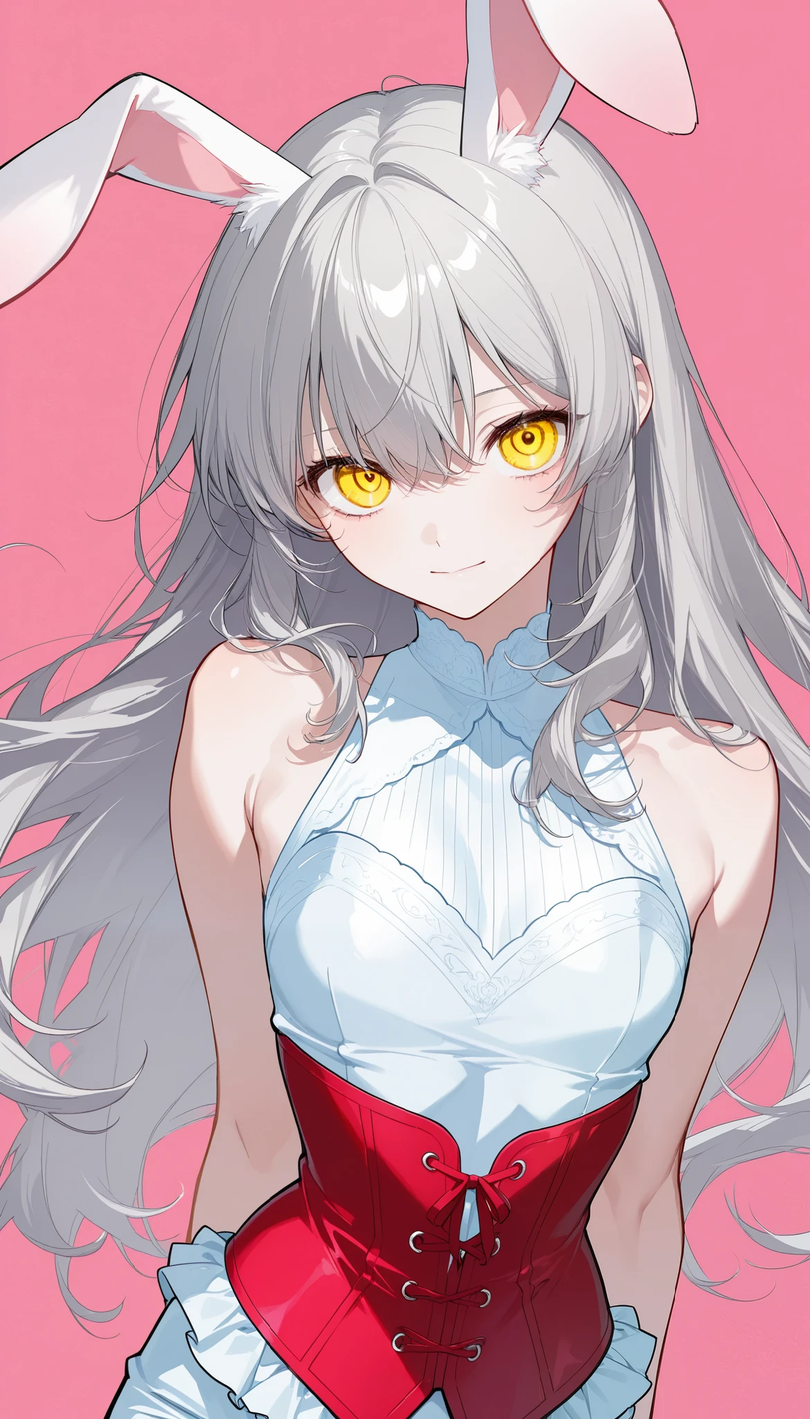 bright color:1.7、 pastel colors that lose their luster :1.7、 top quality、 masterpiece 、 One Girl 、 very beautiful woman 、 á “Ã¼ã¬Ã¼ã”、 rabbit ears 、 yellow eyes、 gray hair 、wearing a red corset、constrained、 beautiful woman with perfect body line、 slim abs、 eroticism、、Rubbery、 very delicate face and skin texture 、 Very elaborate eyes 、Female Curves、 Artistic