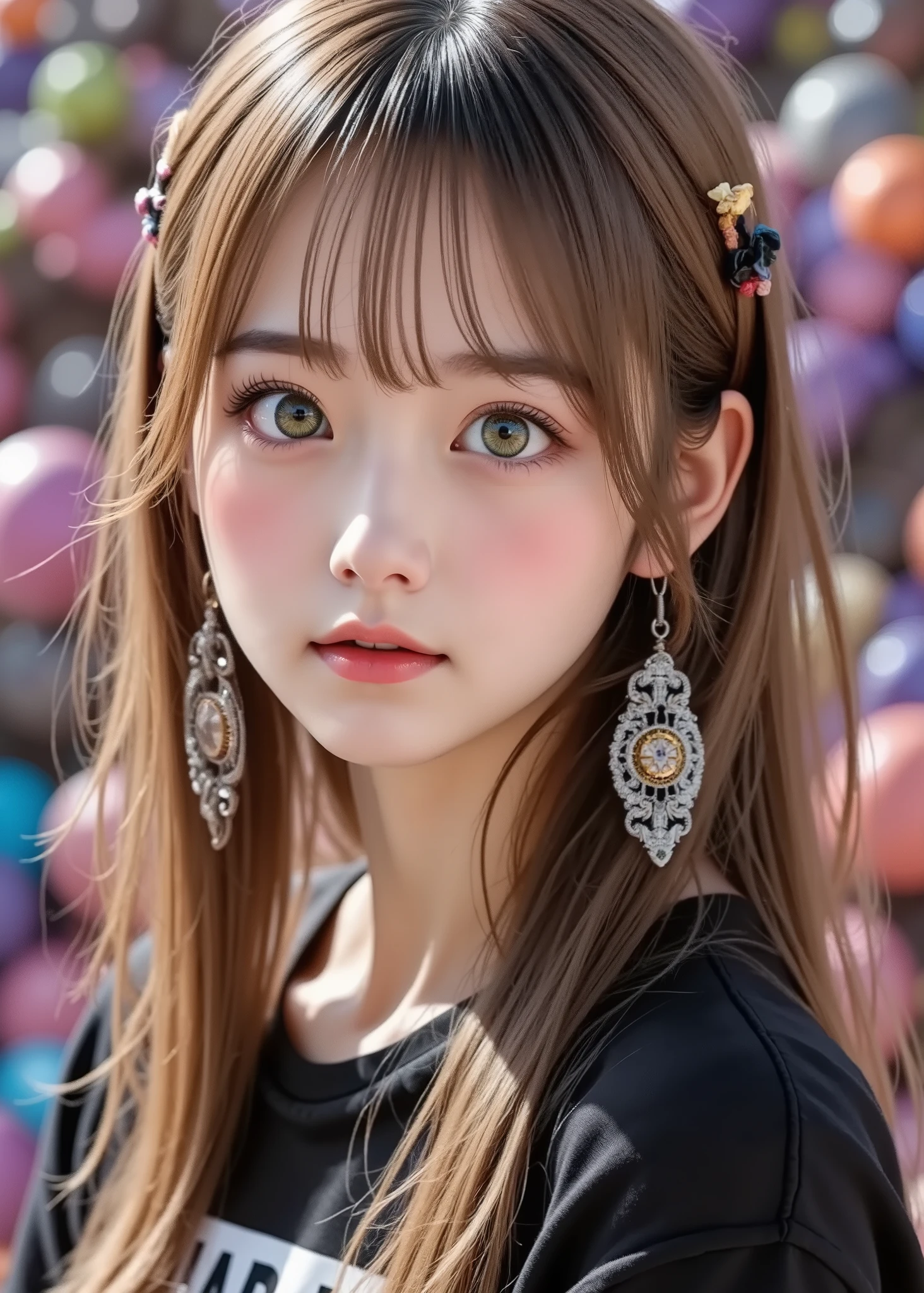 ( Official Art , beautiful and aesthetic :1.2), ( girl :1.3), ( fractal art :1.1), ( colorful:1.1)(Flores:1.3), Best Details , ([ waist shot:1.2), Hard Rock cafeのtシャツを着て, ( abstract background :1.3), (deep green eyes ), (Many colors:1.4), ( earrings), (The body is facing this:1.5)