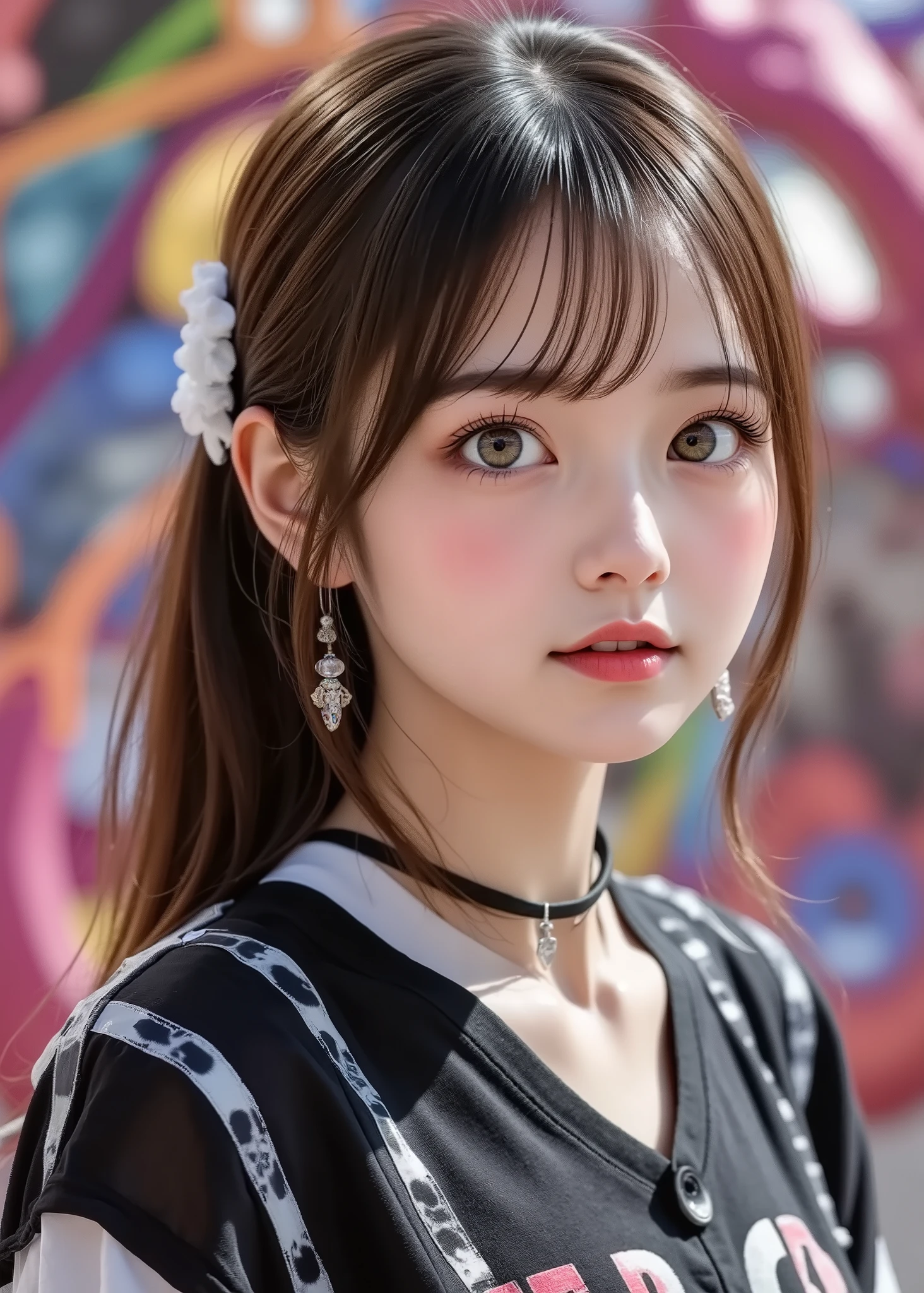( Official Art , beautiful and aesthetic :1.2), ( girl :1.3), ( fractal art :1.1), ( colorful:1.1)(Flores:1.3), Best Details , ([ waist shot:1.2), Hard Rock cafeのtシャツを着て, ( abstract background :1.3), (deep green eyes ), (Many colors:1.4), ( earrings), (The body is facing this:1.5)