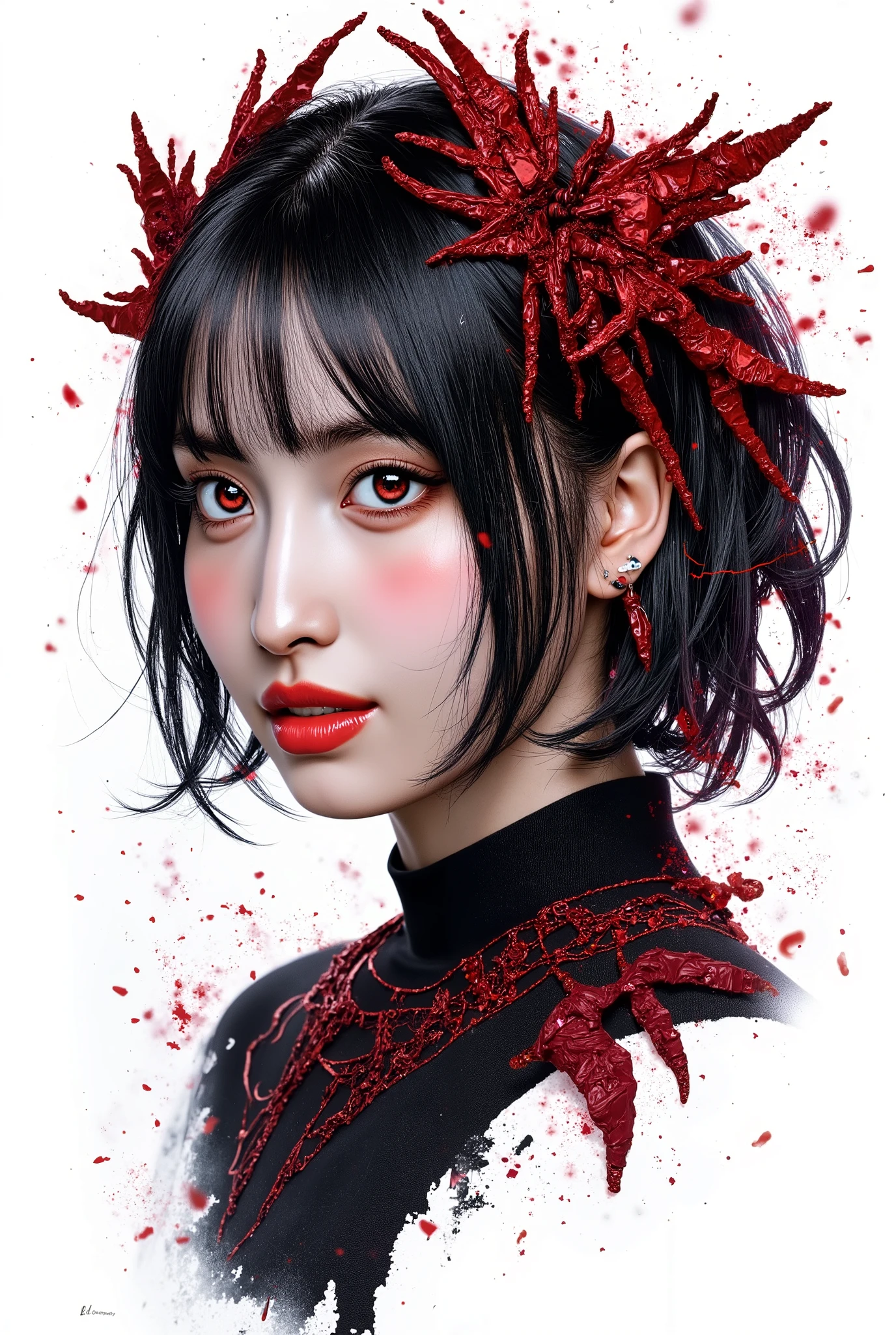 Visually captivating artwork, with skillful use of color, composition, and light. Innovative artwork, showcasing unique and imaginative concepts. ( the villain from god of war game), (hyperrealism), (high-detailed) Emotionally resonant artwork, effectively conveying a narrative.  Bust profile image, plain white background, Gothic girl, pale black hair,  and merciless eyeliner, sadistic and sad look, imposing expression, red eyes, Illustration of dramatis personae, book illustration, momo, blonde short curly hair,