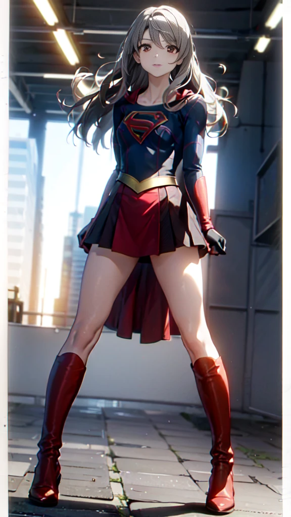 (full body), (masterpiece:1.2), (Highest_quality:1.2), (Ultra_detailed:1.3), 8k,Low - Angle,From below,Big Butt Girl, Medium chest, Pose in front,upright,3D Rendering,( Supergirl),Blonde,Long Hair,Blue eyes,Red Skirt,the skirt is short,,A blue leotard is visible under the skirt.,The skirt is blown up by the wind,