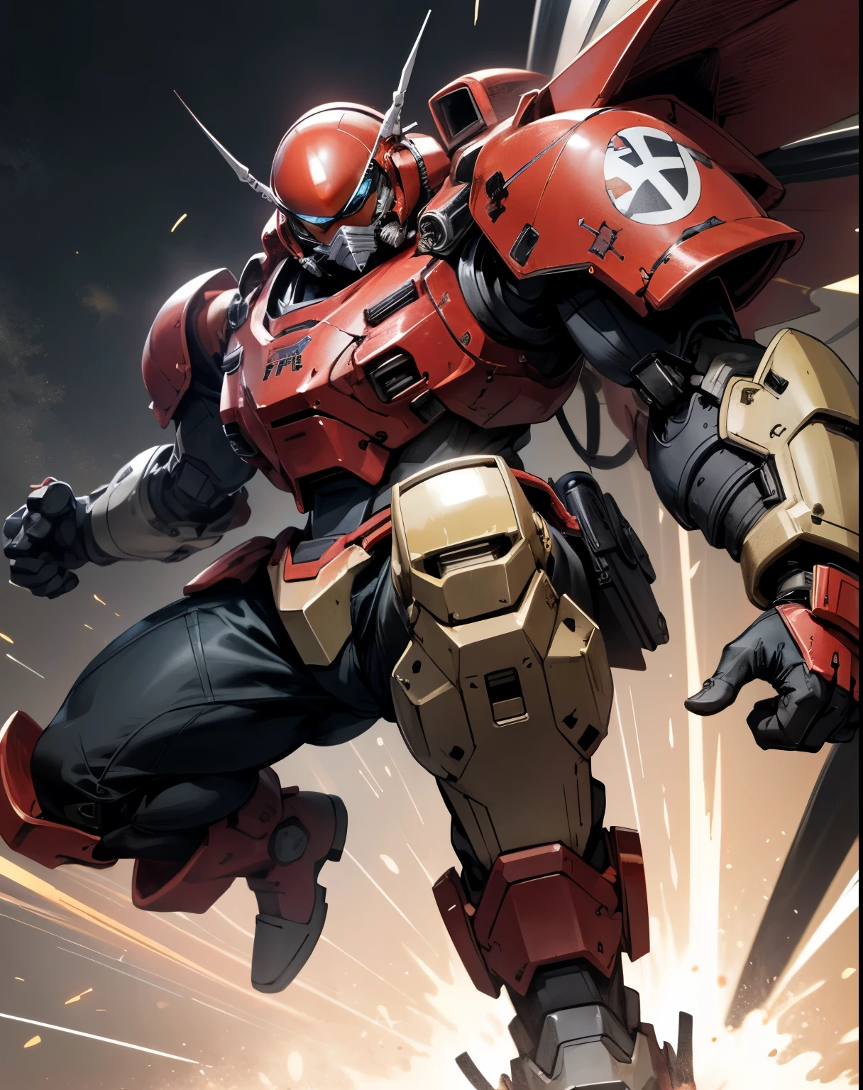 Zaku、A man with good style in armor、 dynamic pose 、red coloring、Jump