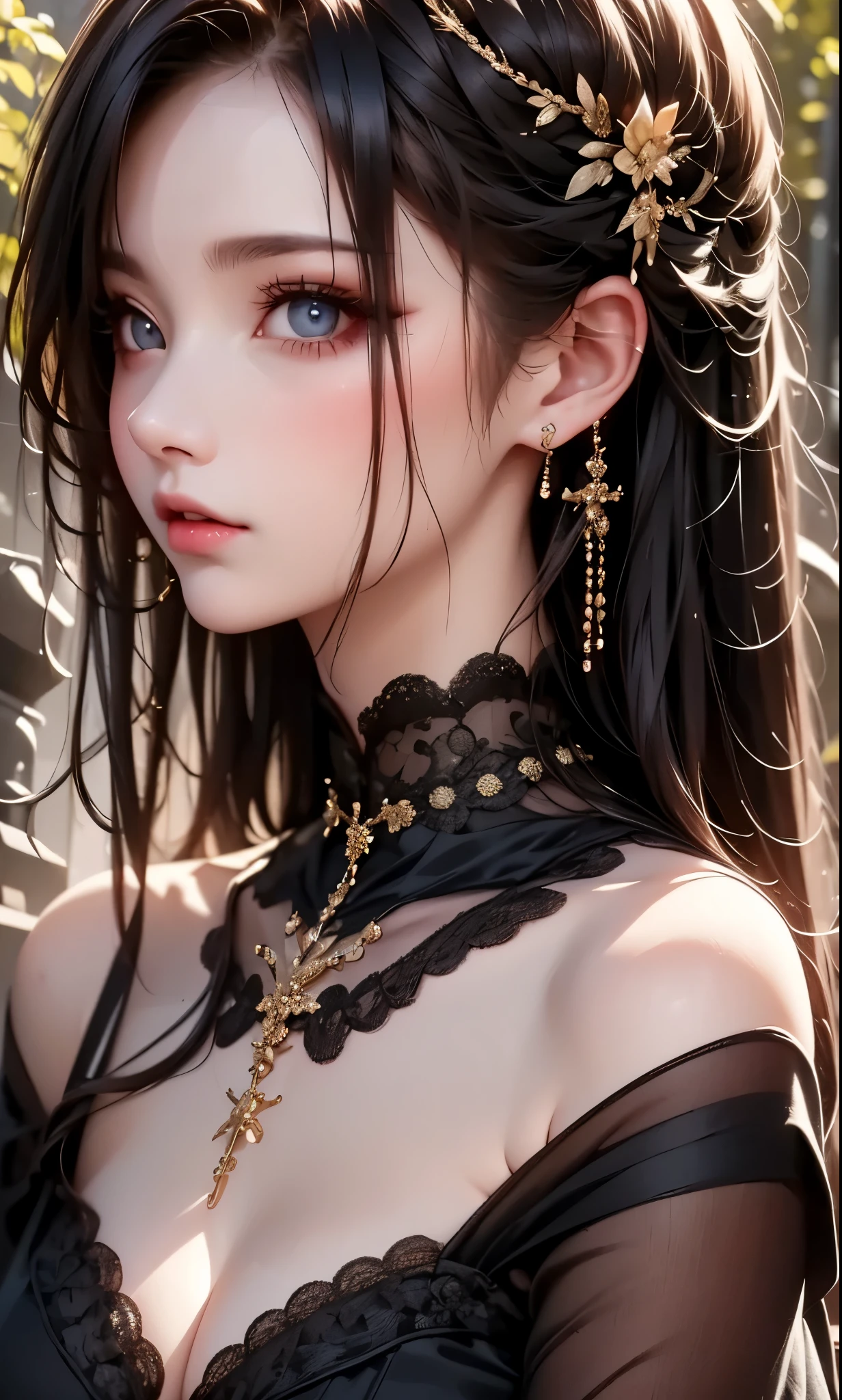 RAWphotograph, photograph, Realistic, 8K vivid photograph of a woman in nature, Super detailed, In detail, Dramatic Light, In detail beautiful eyes, Detailed skin, Depth of written boundary, Grey Eyes, ((black dress)), from side, cool girl face, beautiful eyes, face type, reika