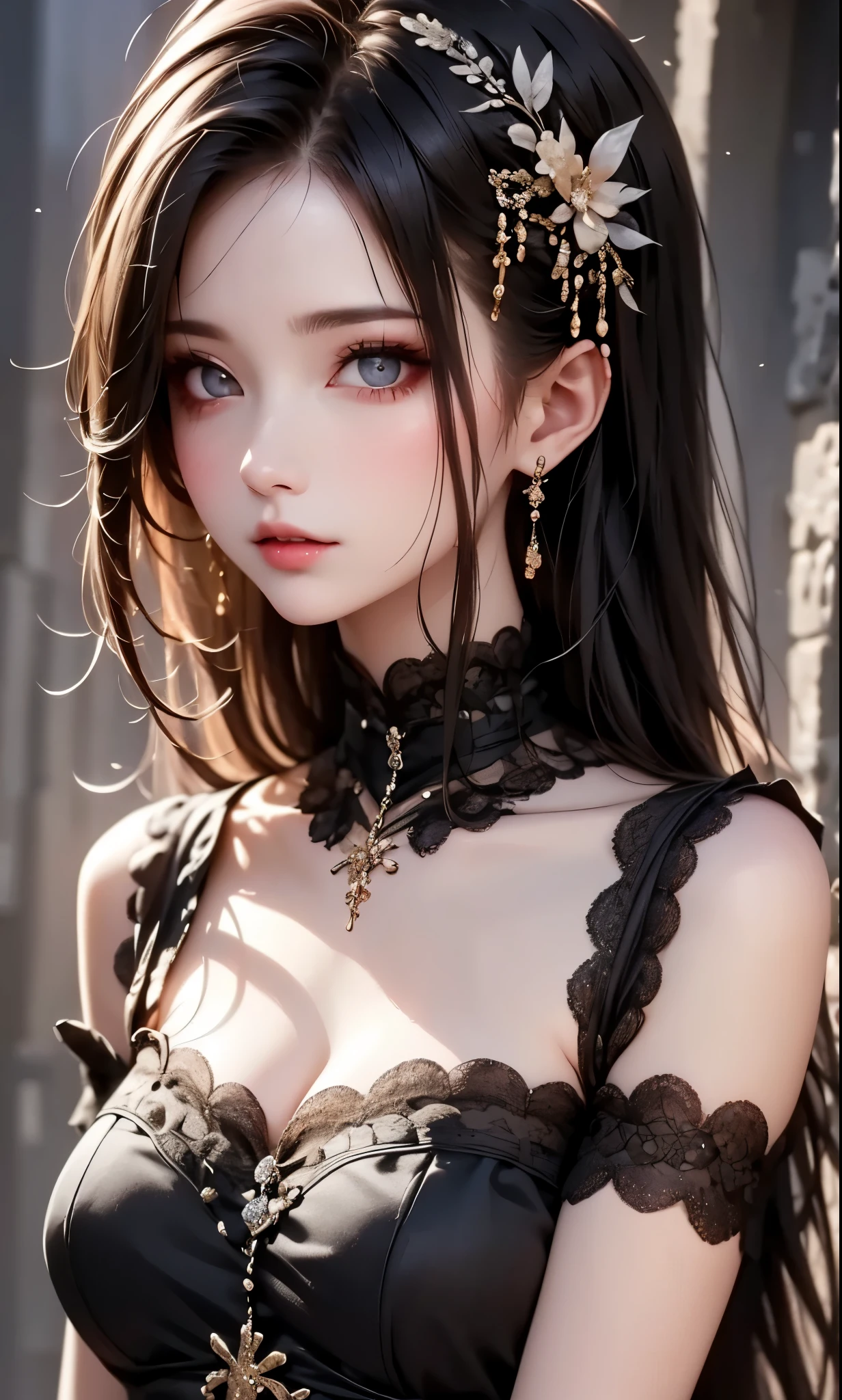 RAWphotograph, photograph, Realistic, 8K vivid photograph of a woman in nature, Super detailed, In detail, Dramatic Light, In detail beautiful eyes, Detailed skin, Depth of written boundary, Grey Eyes, ((black dress)), from side, cool girl face, beautiful eyes, face type, reika