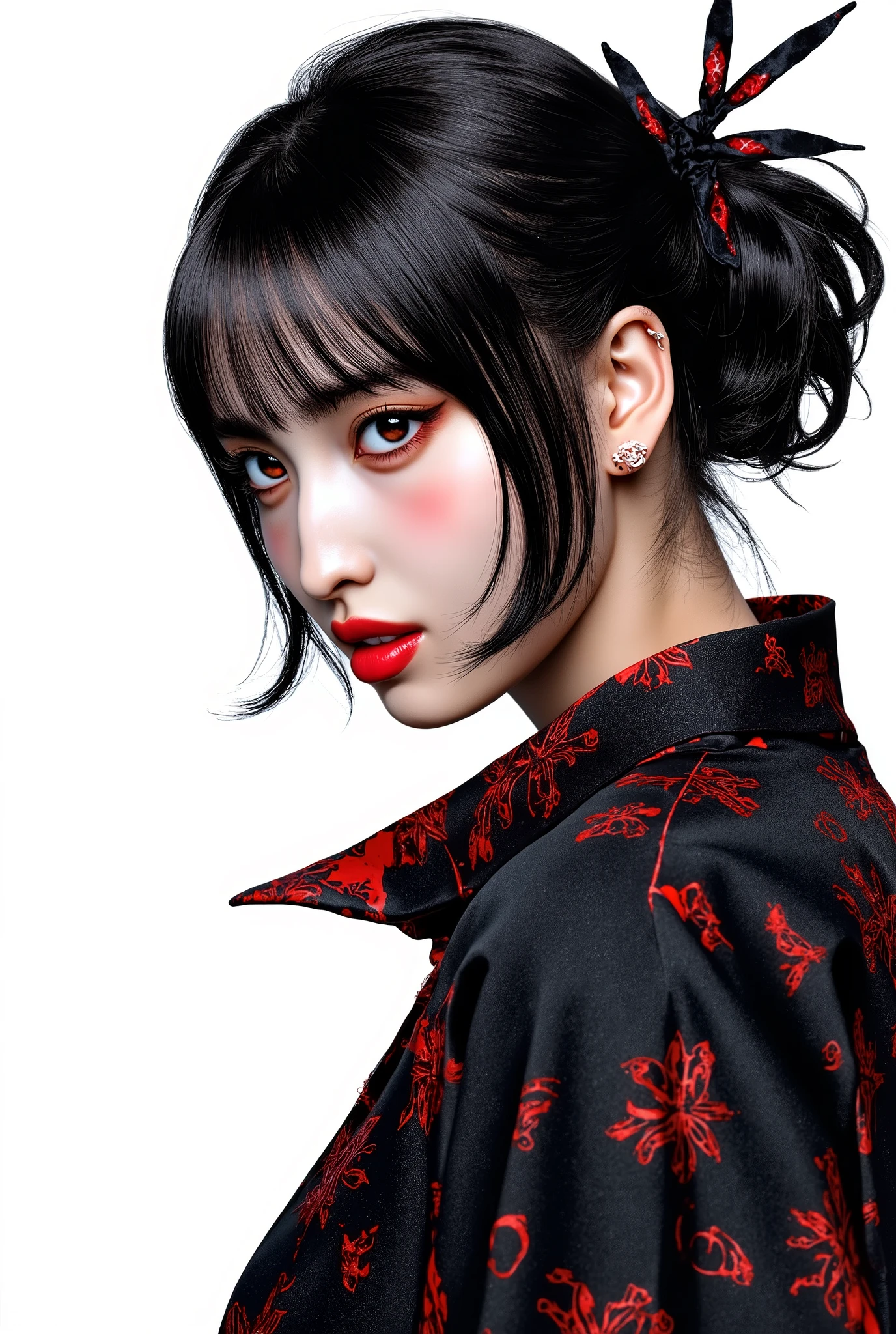 Visually captivating artwork, with skillful use of color, composition, and light. Innovative artwork, showcasing unique and imaginative concepts. ( the villain from god of war game), (hyperrealism), (high-detailed) Emotionally resonant artwork, effectively conveying a narrative.  Bust profile image, plain white background, Gothic girl, pale black hair,  and merciless eyeliner, sadistic and sad look, imposing expression, red eyes, Illustration of dramatis personae, book illustration, momo, blonde short curly hair,