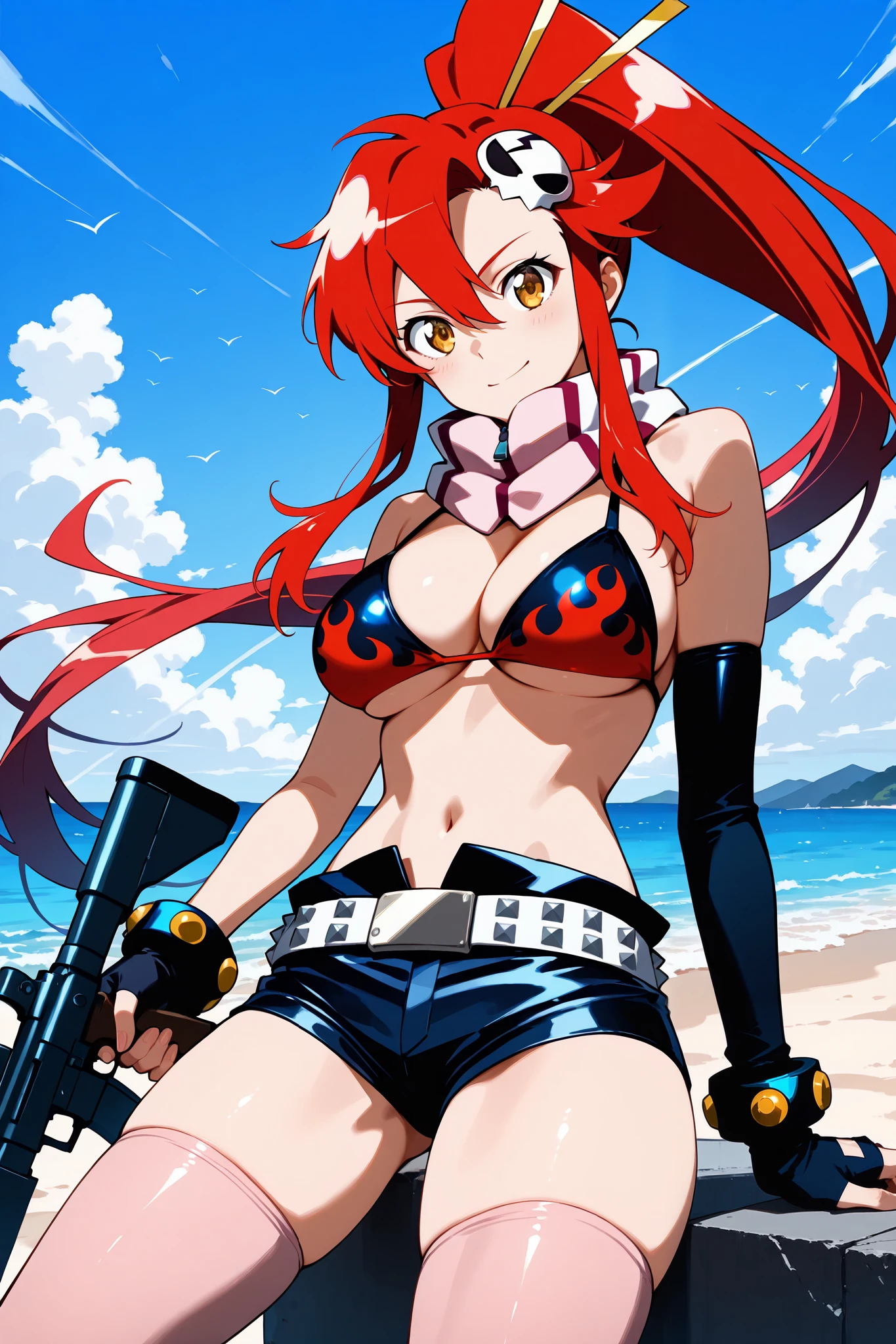 1girl, bikini, breasts, gloves, flame print, hair ornament, long hair, red hair, scarf, shorts,  blank face, parted lips, yellow eyes(empty eye), yoko littner, yokoli, best quality, masterpiece, sky,