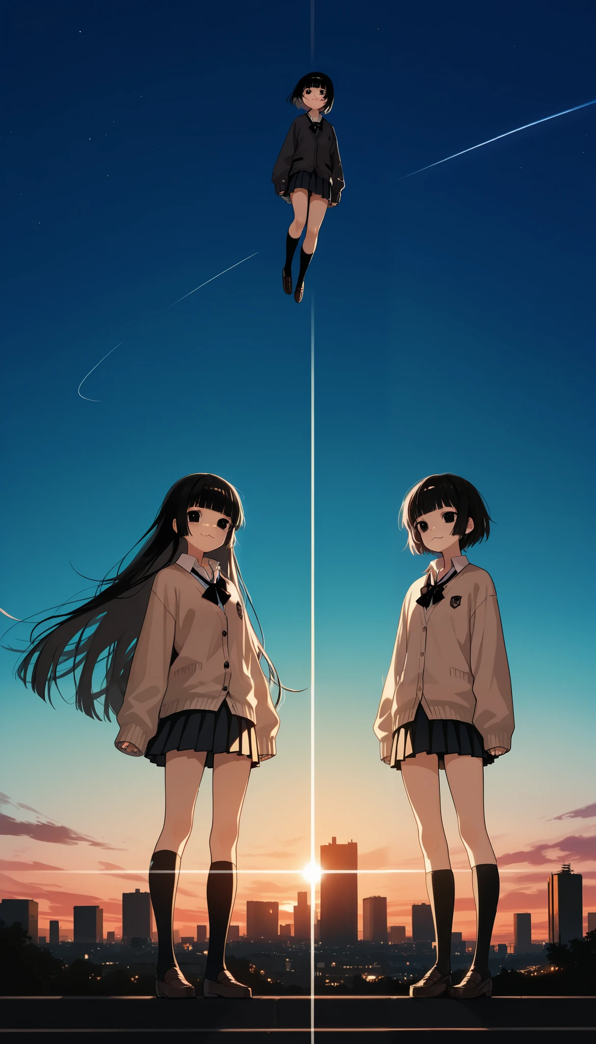 One Girl, (Twilight Sky), Stand and wave, School Area, cityscape , scenery, School Cardigan , ( sleeves are longer than wrists), Strong Loafers, black ash hair on two sides, blunt bangs, beautiful dark eyes , black knee socks, Cinema Lighting, upper body, :3,