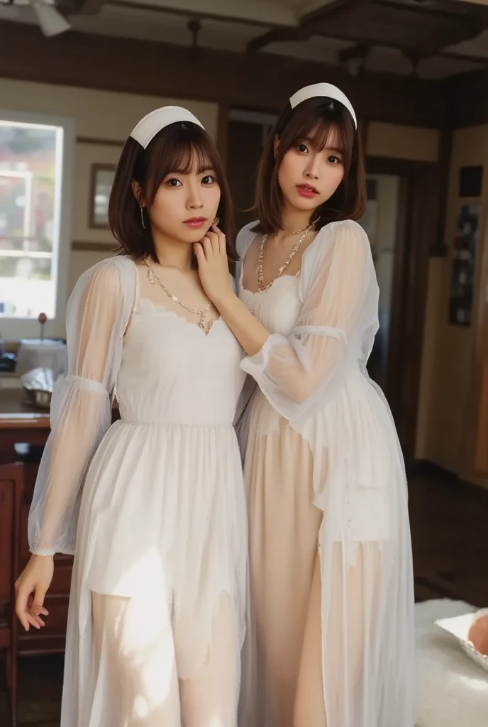 Two Japanese Girls、Hair tied up、(double eyelid)、Looking at the audience、At work、(smile)、Highest Resolution、masterpiece、(All of them are wearing white, long-sleeved, sheer lace negligees.)、((Lift up the entire nightgown、Showing panties))、((Everyone is wearing earrings))、Everybody is shy and embarrassed、Highest quality、high resolution、21 year old girl、Beautiful feet、Detailed face and eyes