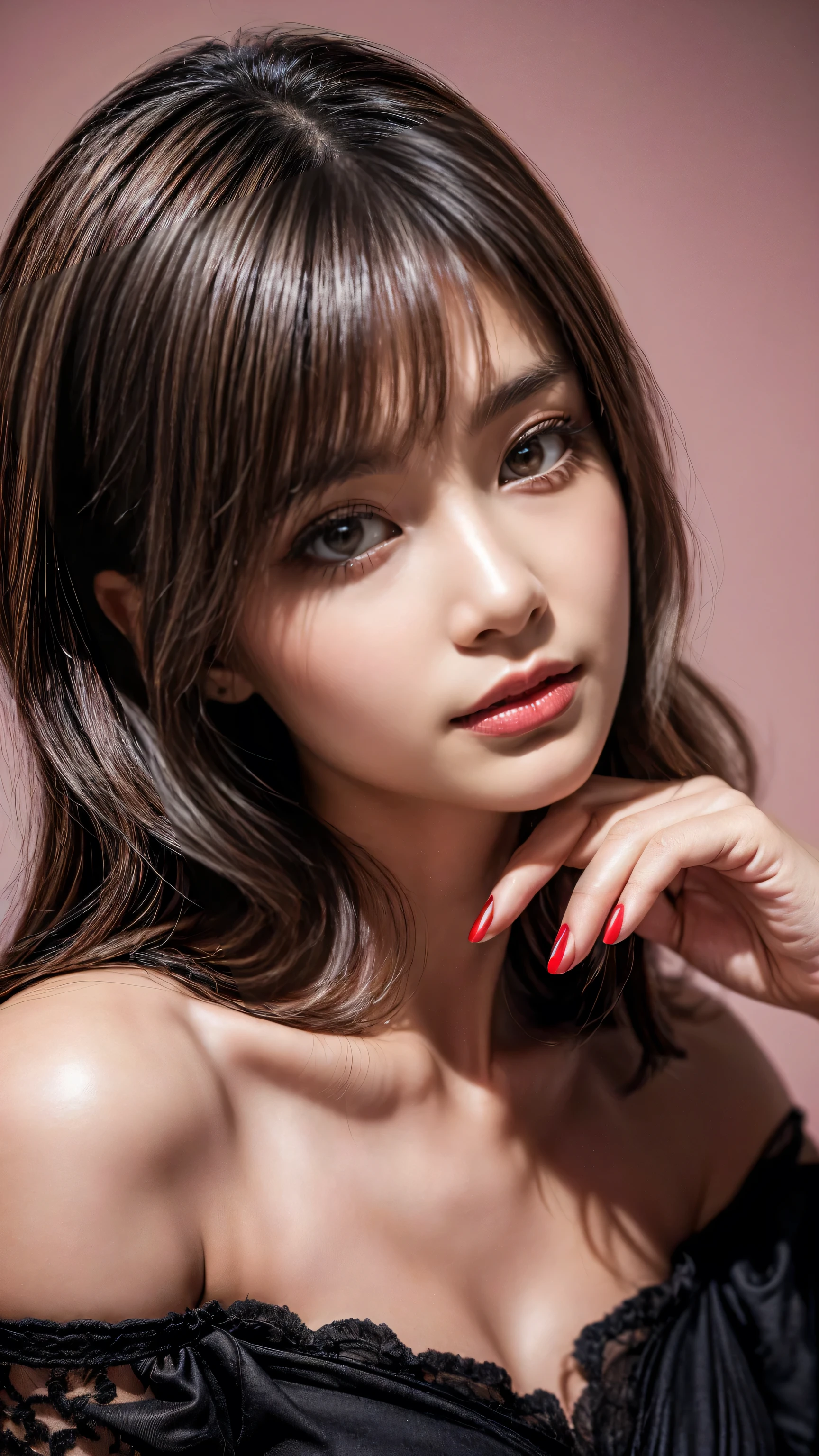 Realistic (photorealistic Realism), (high resolution), ((intricately detailed digital art)), professional photography, (portrait) a cute 1 Female, European, (ultra realistic texture details: velvety skin, hair),((sharp focus, no blurr eyes, high resolution, absurd quality, Realistic brown_eyes:1.4),intricately detail:1.35),((extremely fine details eyes))((extra narrow eyebrows))(Carefully draw Long blue_eyelashes:1.2)(perfect round eyes:1.3).((finely detailed pupils:1.3))((extremely fine details pupils:1.3))((extremely fine details iris of the eyes:1.35))(Shining, mesmerizing, Vibrant eyes:1.22).(professional makeup:1.4)((perfect dark_eyeshadows:1.4)),detailed lips:1.3,(apply glossy red_lipstick:1.3)(pink_makeup:1.28), (beautiful little nose), (perfect proportions:1.2),(small head),(anatomically correct), perfect female body, Wear an off-the-shoulder, full bodyesbian, Old luxurios villa with a beautful oasen view, detailed lips:1.3, (apply glossy red_lipstick:1.35), (pink_makeup:1.3), (professional makeup:1.4), (perfect proportions:1.2),(anatomically correct), perfect female body, (Super beautiful), (vivid and colorful), The attention to detail, focus of girl, dynamic pose, sexy and seductive, flirty smile, (perfect composition), ((full body shot))