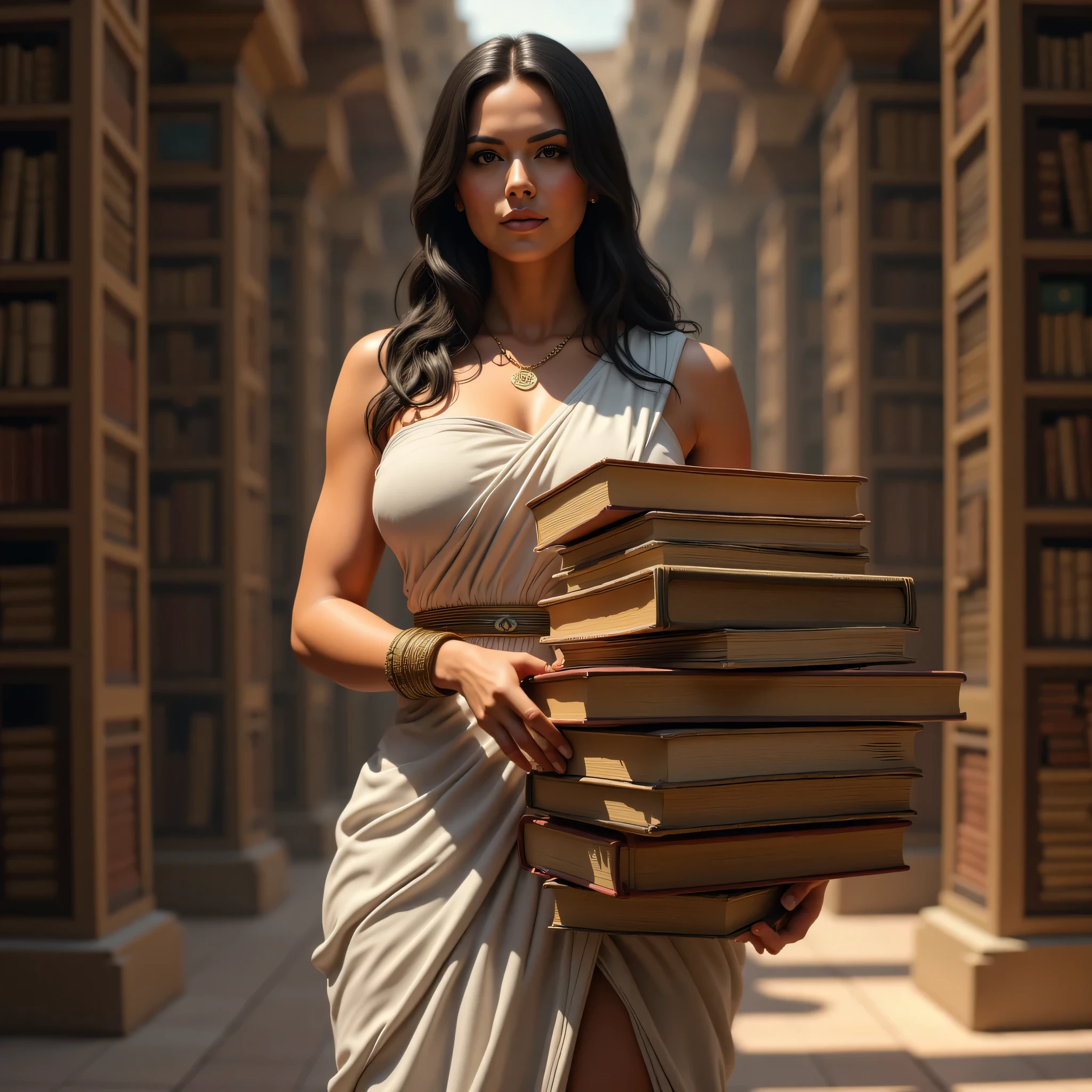 A hyper-realistic ultra wide scenery image shot of a prehistoric beautifully anciently greek female librarian holding loads of ancient books and scrolls, symmetrically balanced in image composition. The beautifully ancient librarian is depicted in a full body angle view, showcasing her lively, lusciously vivacious, and shapely body. She is wearing a realistic cultural greek long toga dress. The scene includes a well-rounded prehistoric greek female librarian holding lifted a big stacked of ancient books and scrolls, and smiling. The background features ancient library with central leading lines, creating a sense of depth on ultra-wide angle. The image has UHD ambience, with a zoomed-out perspective, realistic textures, soft lighting, and a wide-angle view. The scholar's hands are accurately detailed with full human finger anatomy, and her hair is shiny and lifelike. The overall style is reminiscent of Far Cry 5 game artwork, with additional details and body fixes applied. The combination of influenced of SandalPunkAi Artwork and BronzePunkAi Artwork. (Soft lighting concept).
