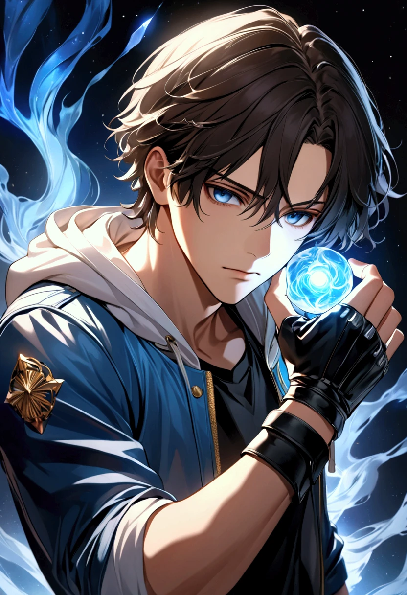 (masterpiece,  best quality:1.2), dark haired young man"Asuka", clothing:  white hoodie with blue jacket, Black Leather Fingerless Driver's Glove ,  Upper Body Focus ,  bust up shot,simple background with a starry sky on one side, The act of retightening the right hand glove raised with a serious expression with the left hand（ pose with the right hand ajar with the back of the hand facing outward and the left hand placed on the right wrist）,Rin々Shi, cool design art , best quality, shape,  very detailed, fine,  high resolution, 8k wallpaper, Biologically accurate depiction, Real 2D Digital Art,A blue aura rises violently from the whole body,psychic action hero, 