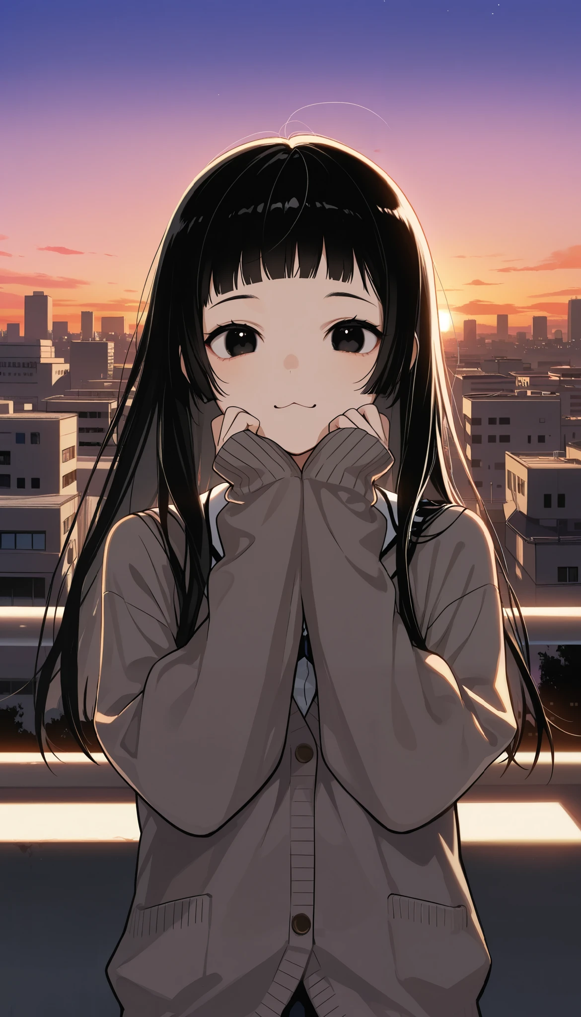 One Girl, solo, (Twilight Sky), Stand and wave, School Area, cityscape , scenery, School Cardigan , ( sleeves are longer than wrists), Strong Loafers, black hair, princess hair , short bangs, blunt bangs, beautiful dark eyes , upper body, :3, best quality, masterpiece