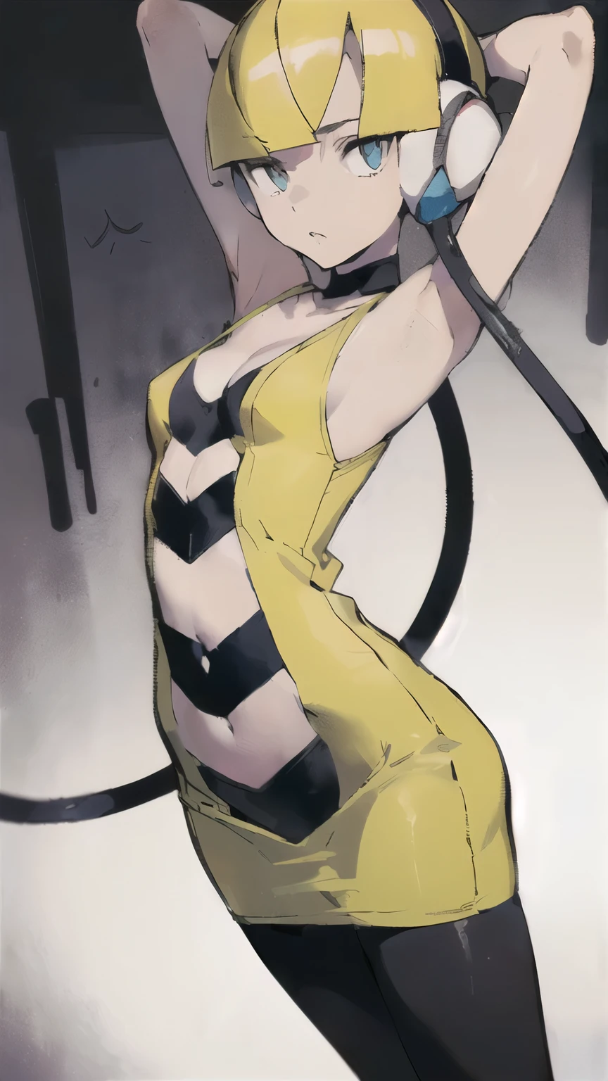 ((masterpiece,best quality)), { Sugimori_Ken_artstyle_LoRA(1.2( : Manga_Style } {horror_edit}  {horror_edit : creepy_room_aura} } {  :(bw1elesa, blonde hair, short hair, ) , perfectly_small_shape_breast : perfectly_slender_body   } { , headphones, cables, choker, cleavage, black and yellow dress, short dress, clothing cutout, navel cutout, sleeveless, pantyhose } {standing : obedient :  } { no_emotion : hypnotic_eyes : hypnotized_eyes : lazy_eyes} { sweating : pose : armpits   } { : dark room : creepy : messy : dirty }