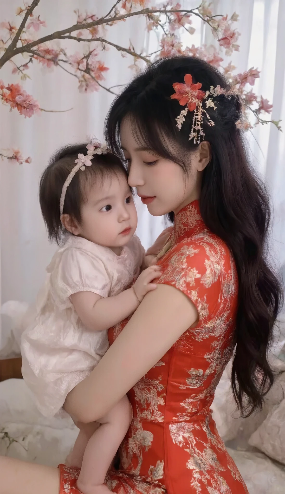 
 Ultra HD， red cheongsam， long black hair ， delicate skin ， s's t light ，Holding a one--old l，D cup breasts，Face to face with the baby，red andte flower headdress，Facial details