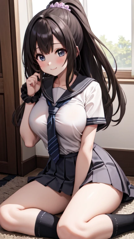 White sailor suit and black mini skirt、Light blue panties、Lifting the sleeve of her skirt to reveal her light blue panties、bra、Lie down、Are sleeping