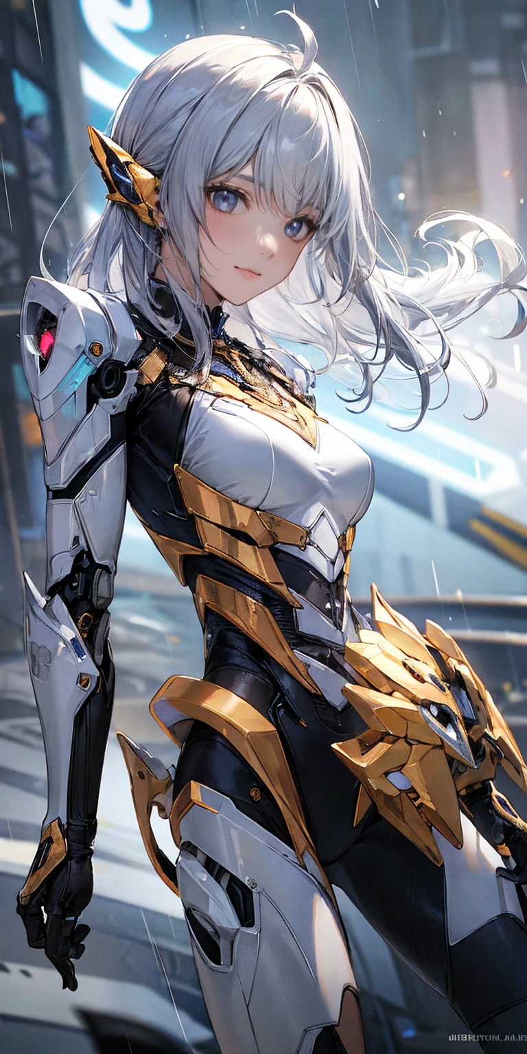 Be realistic,(masterpiece,Highest quality,Highest quality,Very detailed,Fractal Art,Most detailed,(Abstract background:1.5)(1 Girl),Kamimei,(Hair length),( puppet, Yellow Eyes, Pale skin, Yellow Hair, Long Hair, Blunt bangs, Braiding,Big Breasts、Toned Abs,Stunned)、crystallization,Swimsuit、High leg、Sexy、Machine Armor、Sunburned skin、(Black pencil skirt)